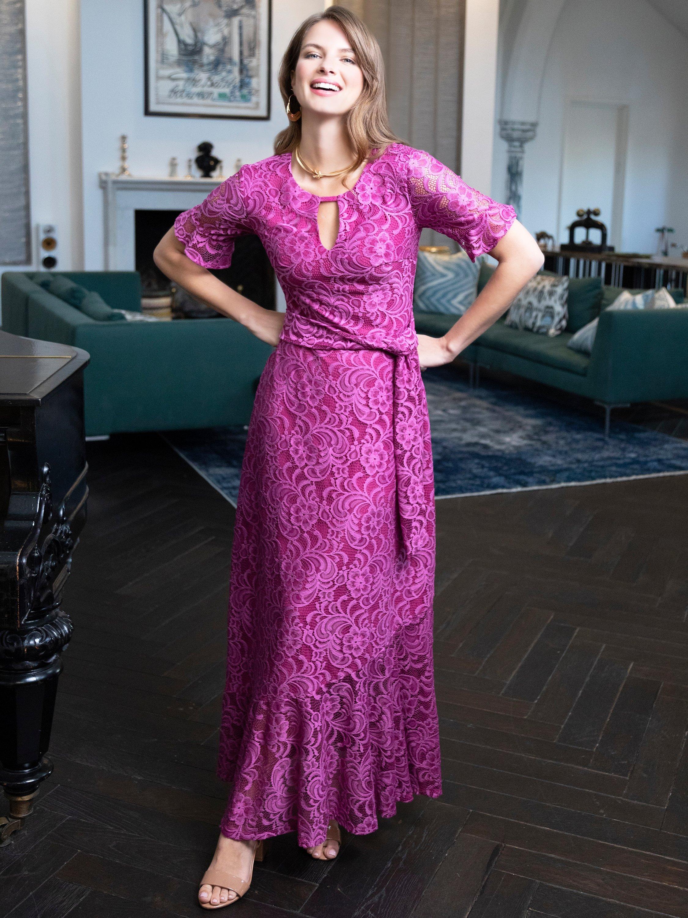 HotSquash Keyhole Detail Asymmetric Hem Lace Maxi Dress, Mauve/Fuchsia