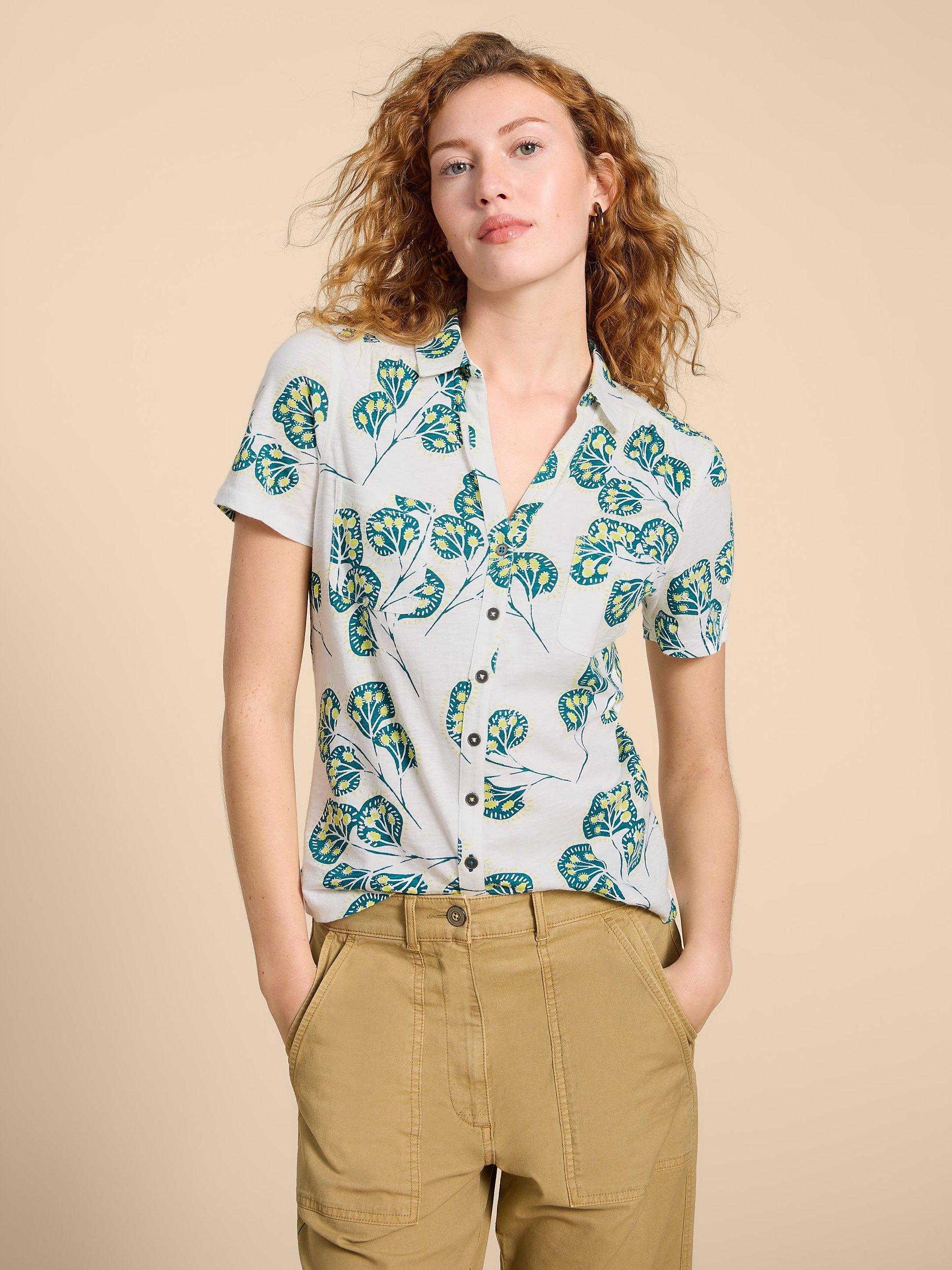 Product image 1 of 7, which shows White Stuff Petite Penny Leaf Print Cotton Shirt, Ivory/Multi, 20
