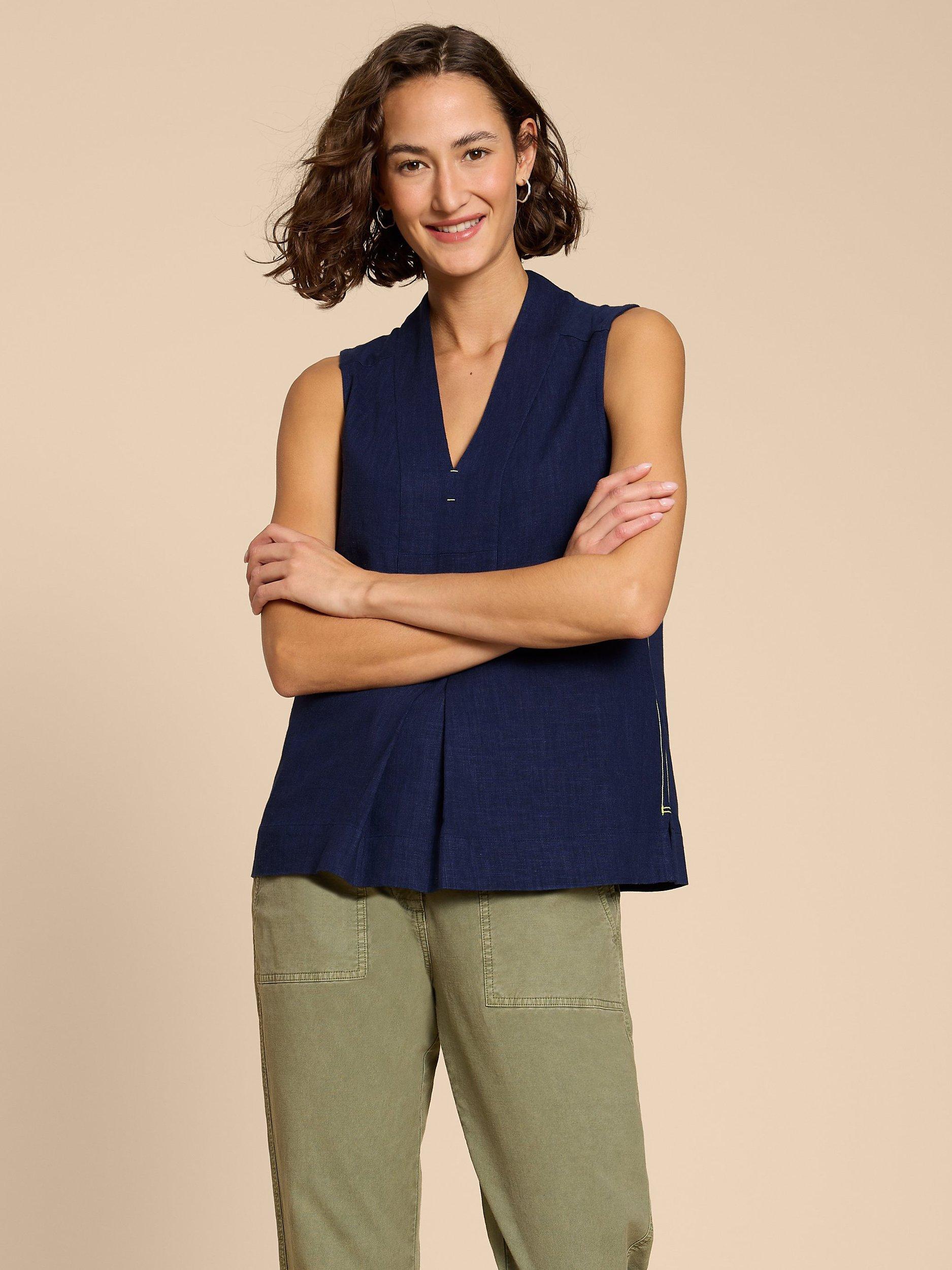 White Stuff Petite Celia Sleeveless Linen Blend Top, French Navy