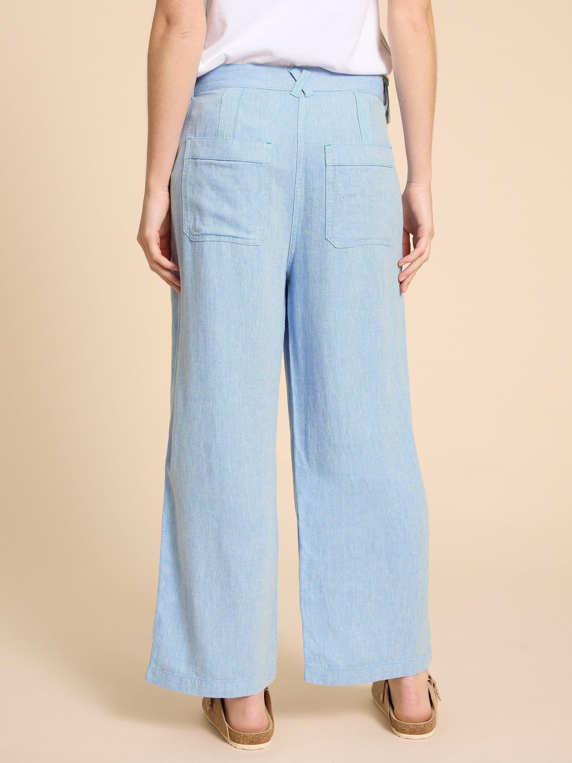 Product image 2 of 7, which shows White Stuff Petite Harper Linen Blend Wide Leg Trousers, Blue, 20
