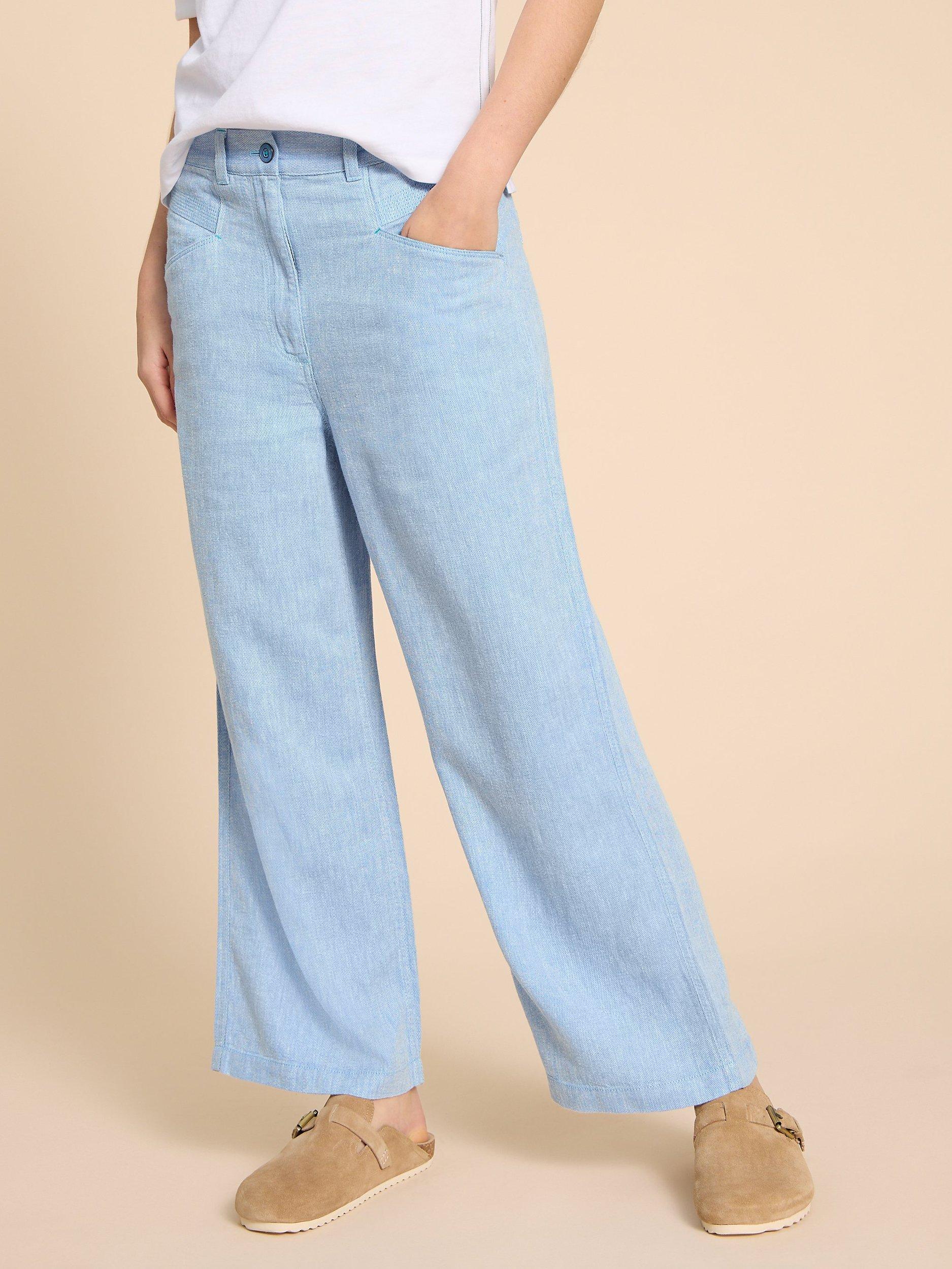 Product image 3 of 7, which shows White Stuff Petite Harper Linen Blend Wide Leg Trousers, Blue, 20