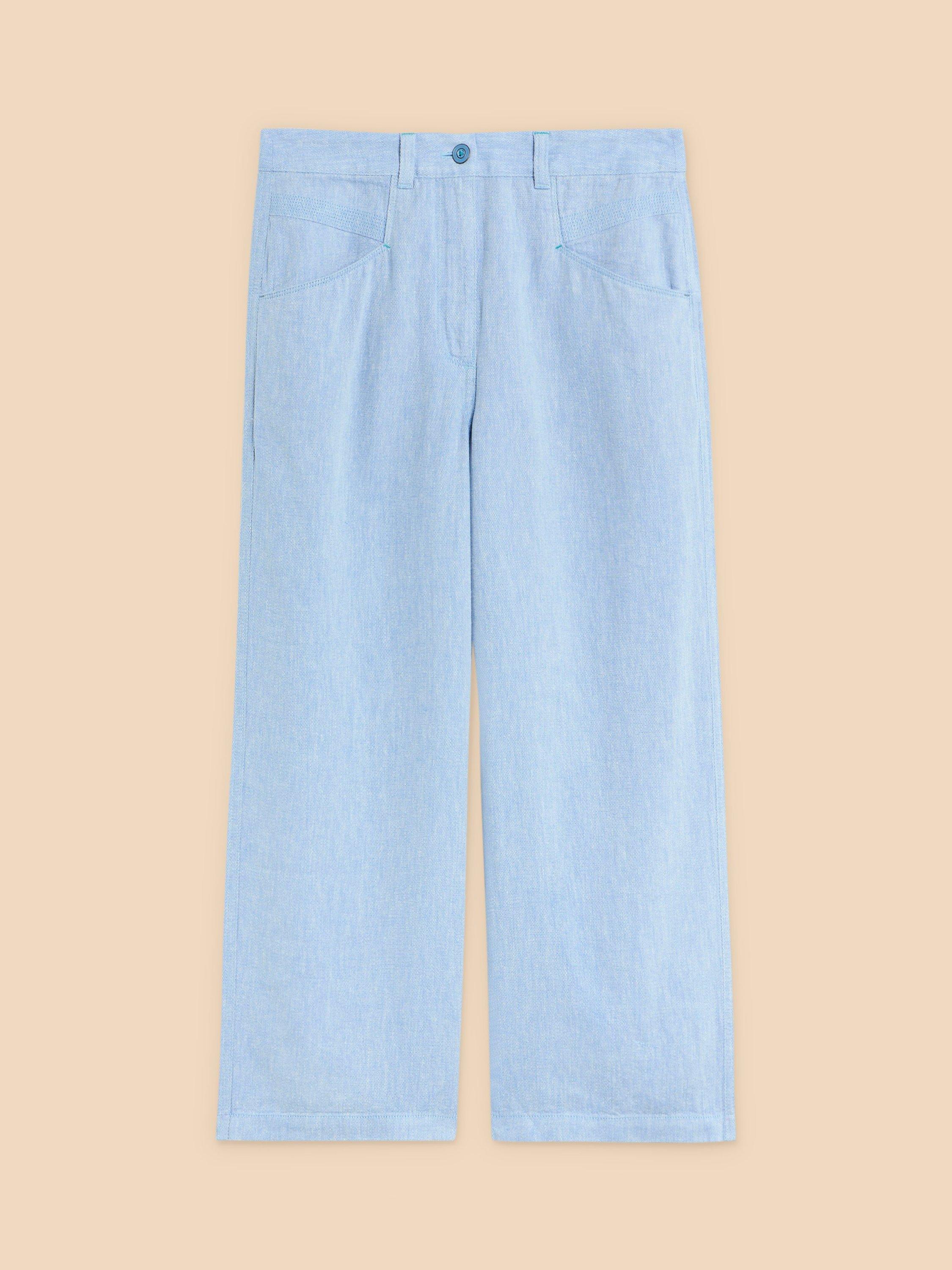 Product image 5 of 7, which shows White Stuff Petite Harper Linen Blend Wide Leg Trousers, Blue, 20