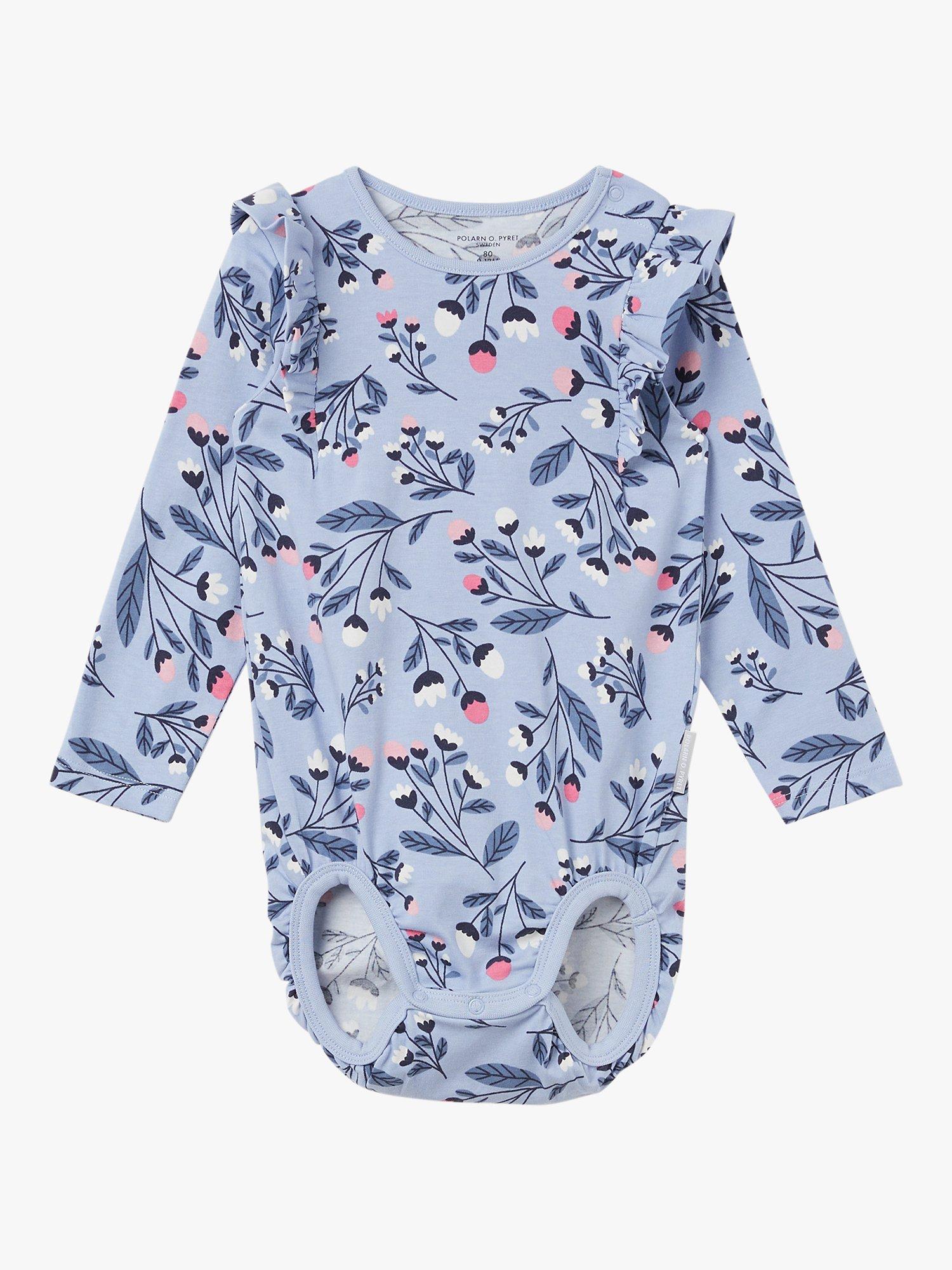 Polarn O. Pyret Baby Organic Cotton Floral Print Ruffle Detail Babygrow, Blue