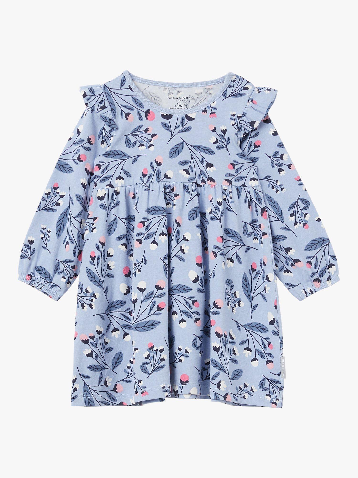 Polarn O. Pyret Baby Organic Cotton Floral Print Ruffle Detail Dress, Blue