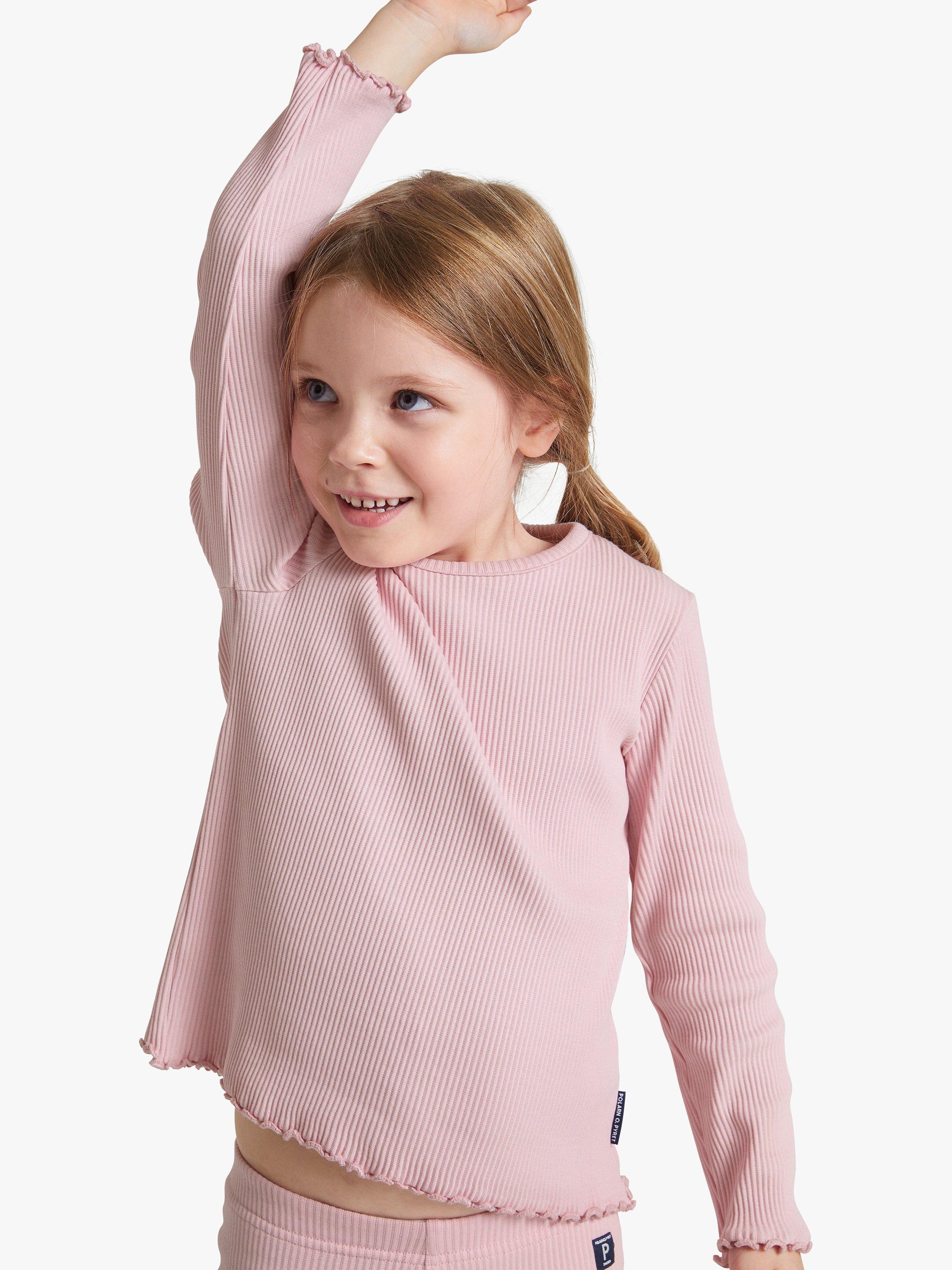 Polarn O. Pyret Kids' Organic Cotton Ribbed Frill Trim Long Sleeve Top, Pink