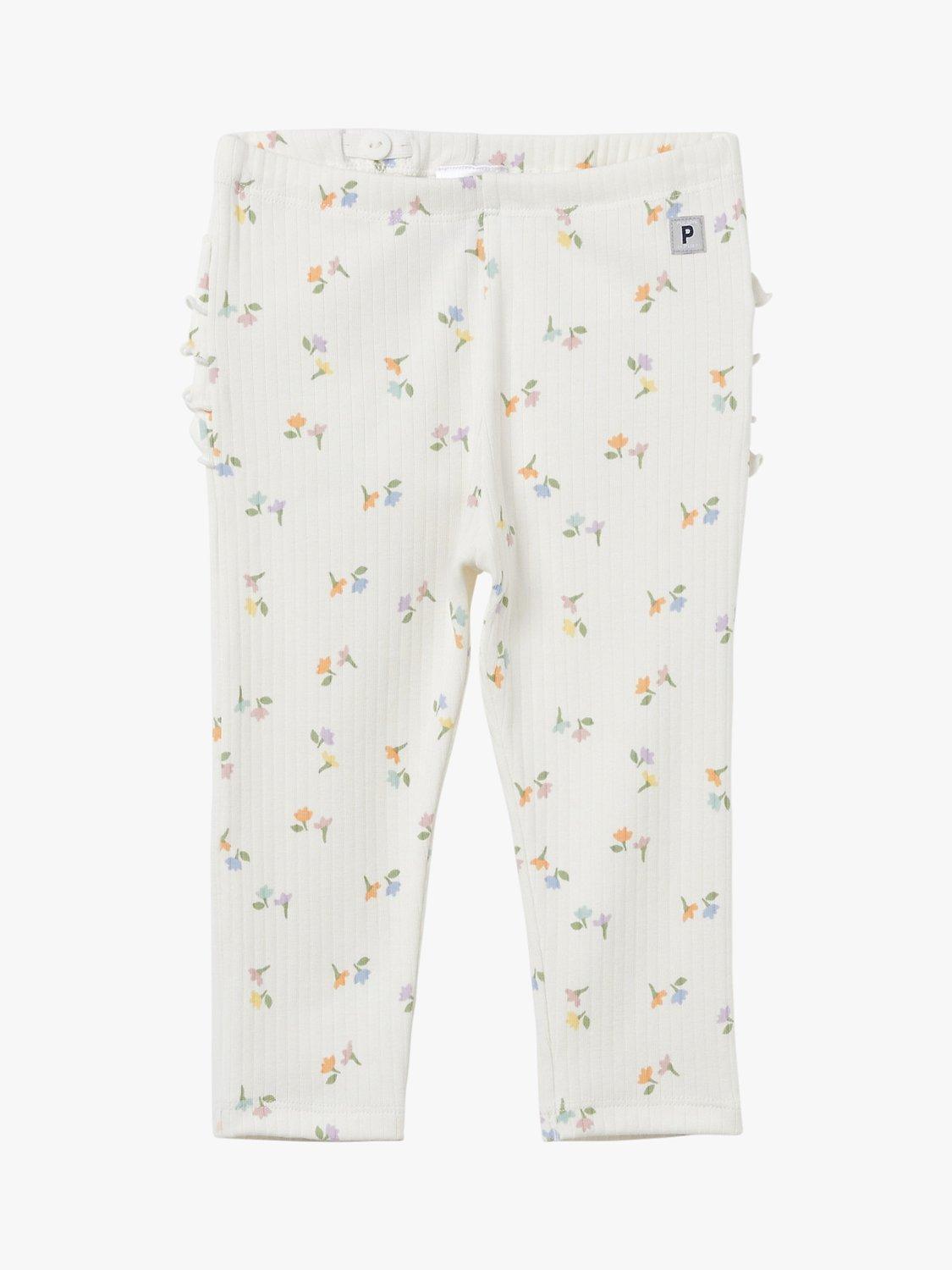 Polarn O. Pyret Baby Organic Cotton Rib Floral Print Ruffle Leggings, White