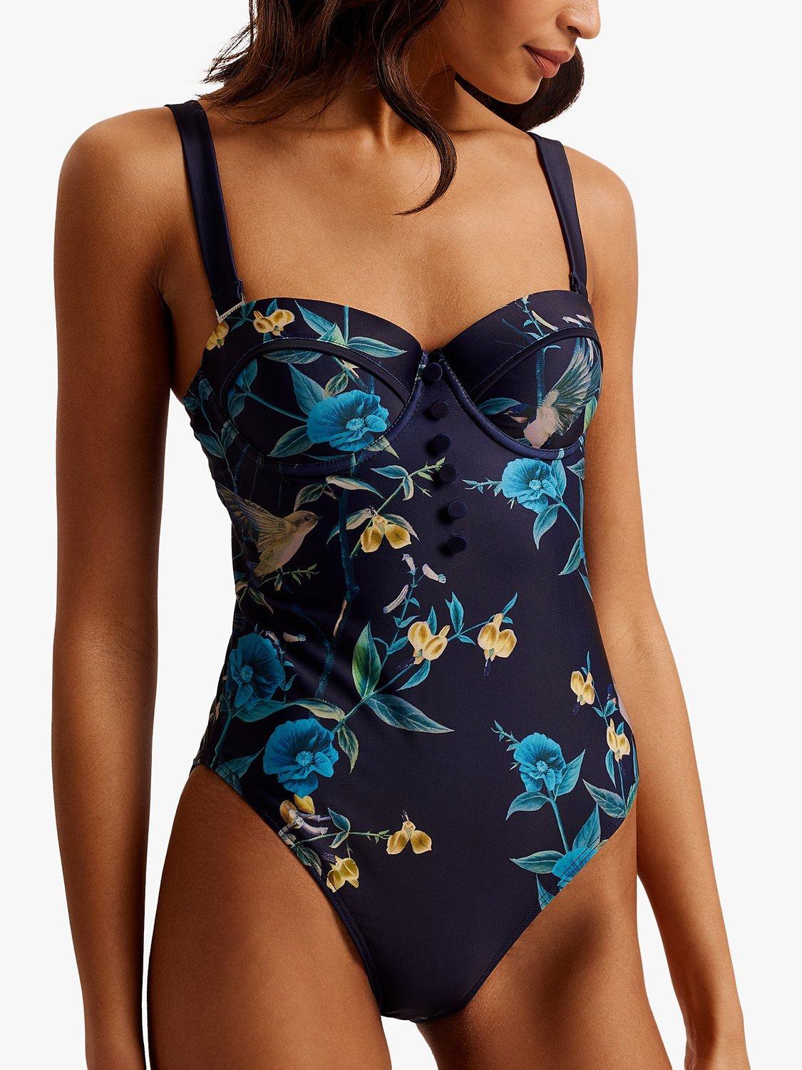 Ted Baker Rainnah Floral Print Button Detail Swimsuit, Navy/Multi