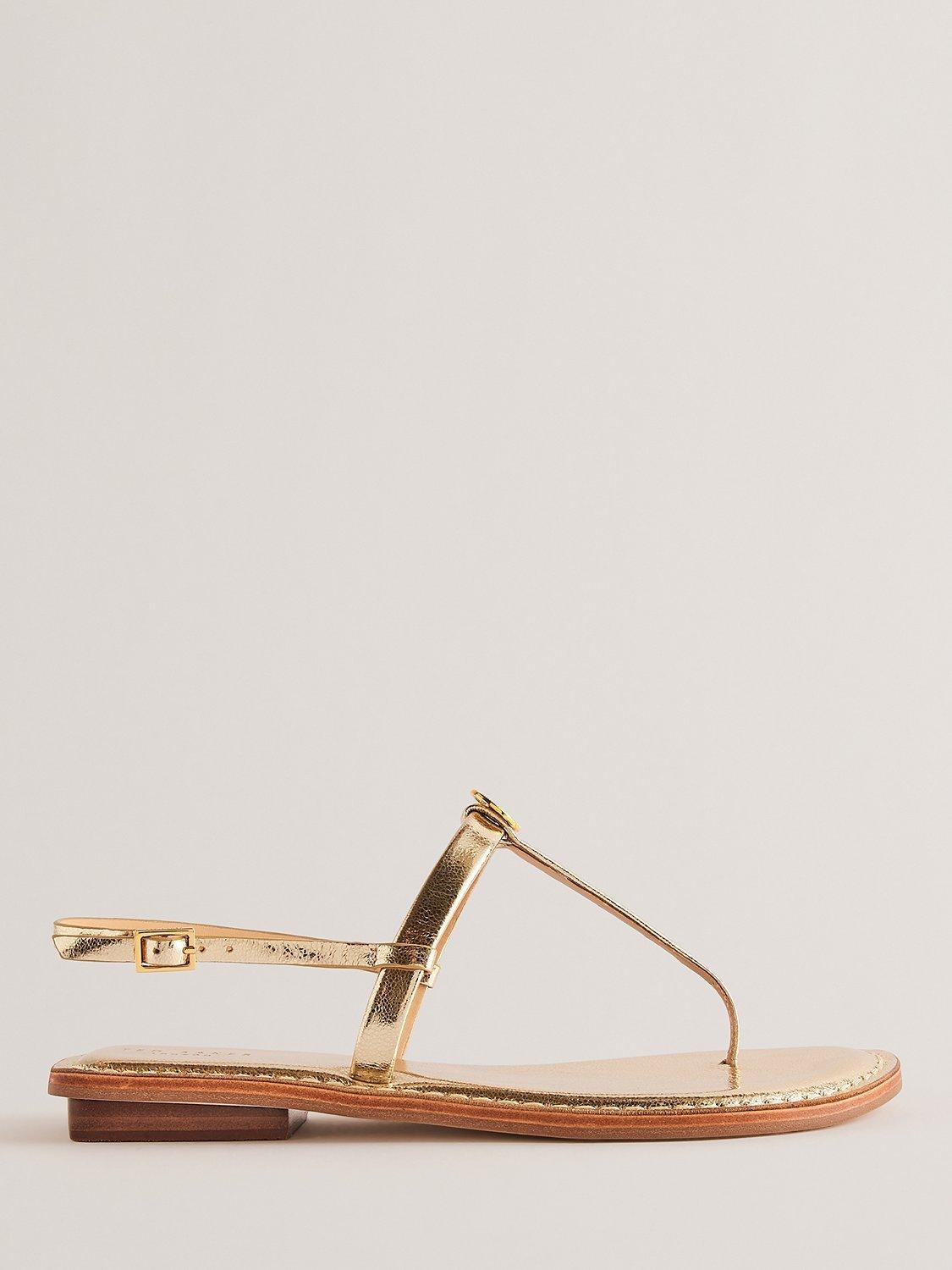 Ted Baker Harpurr Leather Coin Detail T-Strap Sandals, Gold