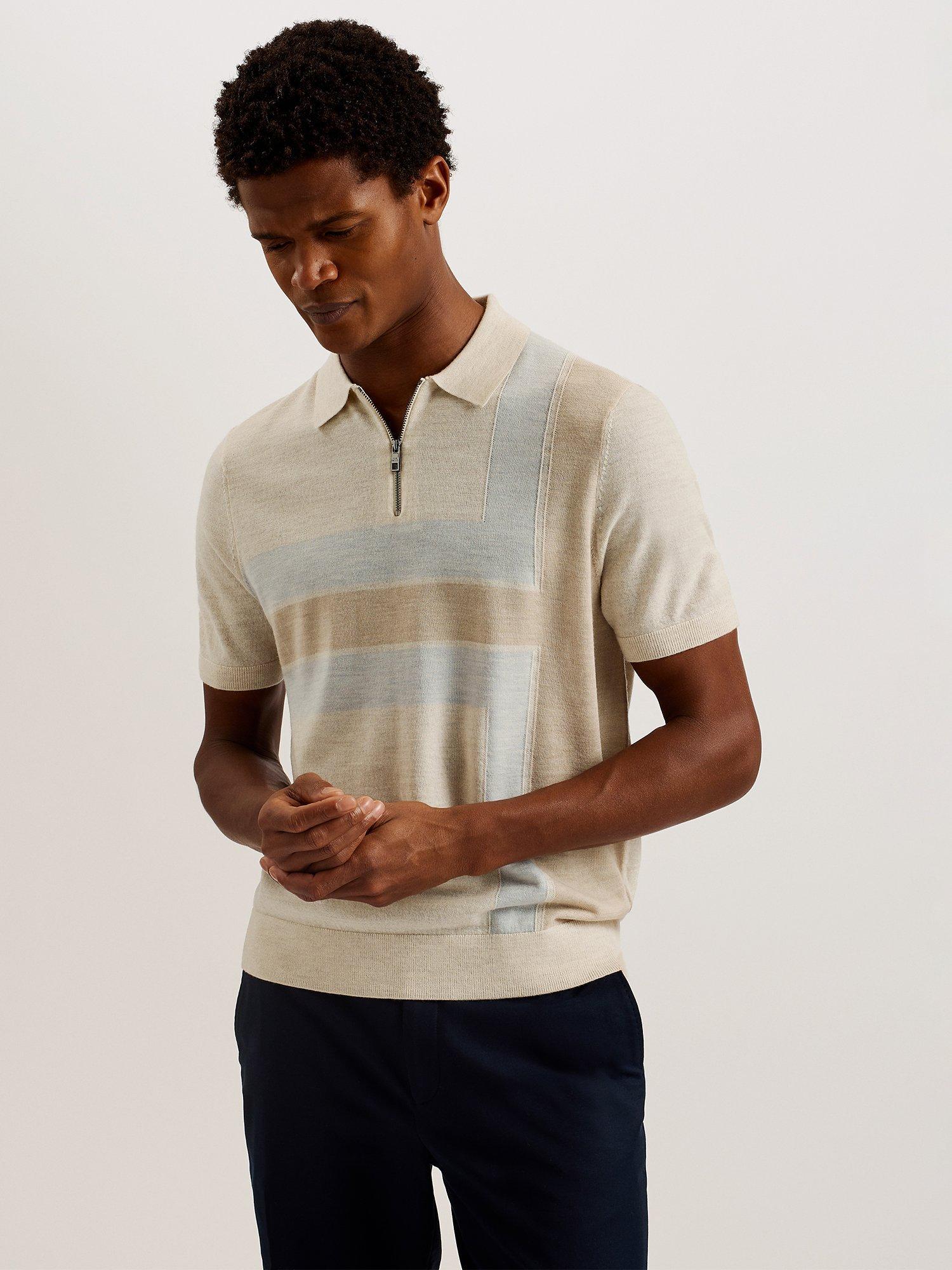 Ted Baker Ambler Block Stripe Wool Polo Shirt, Natural Taupe