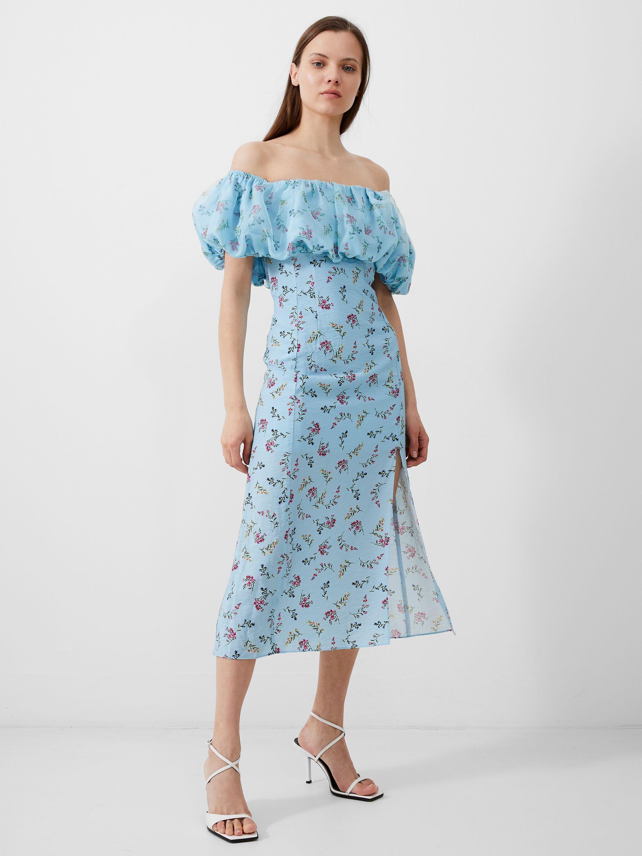 French Connection Floriana Ciarra Organza Bardot Midi Dress, Cashmere Blue, 8