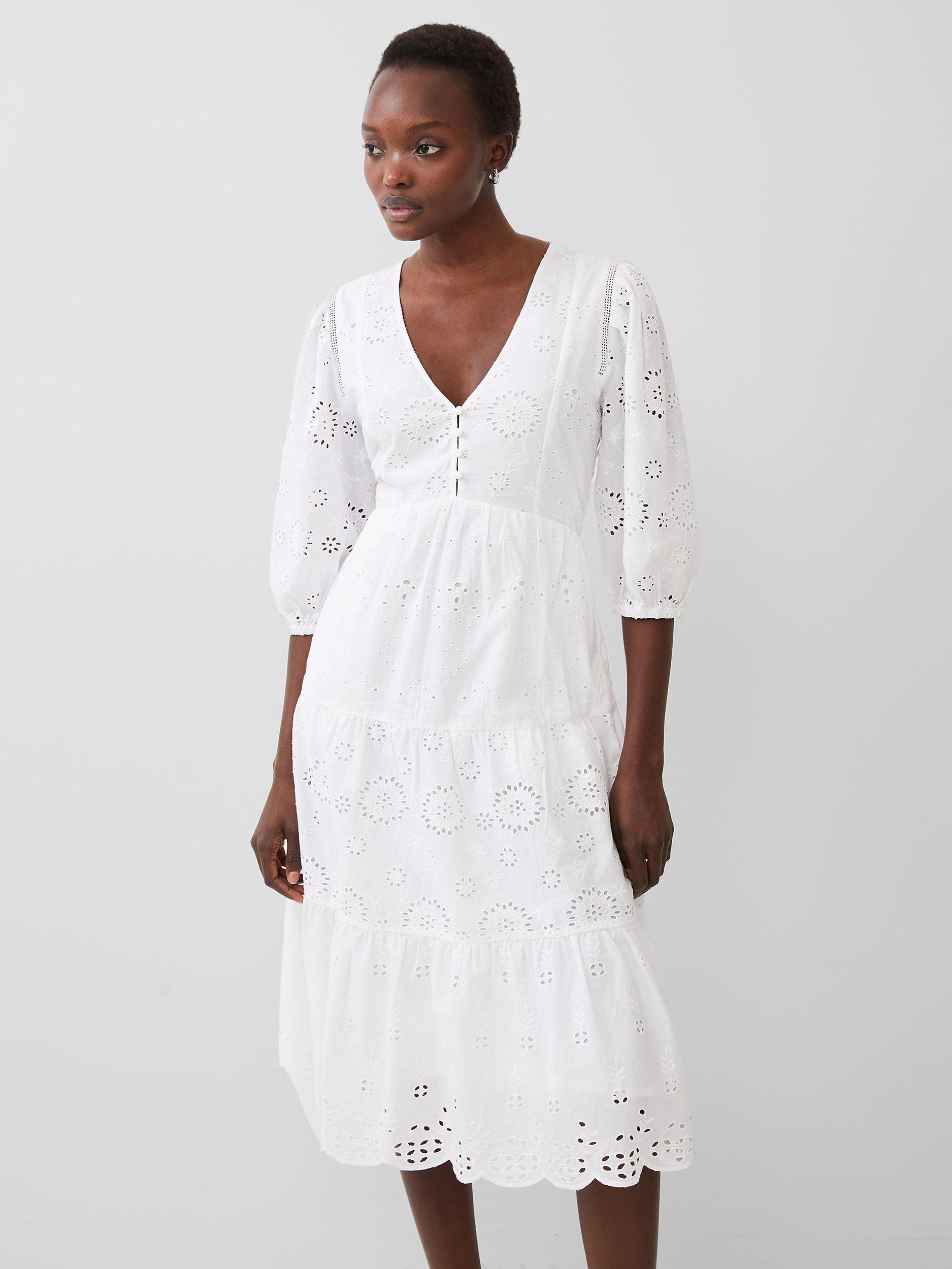 French Connection Broderie Anglaise Midi Dress, Linen White, 18