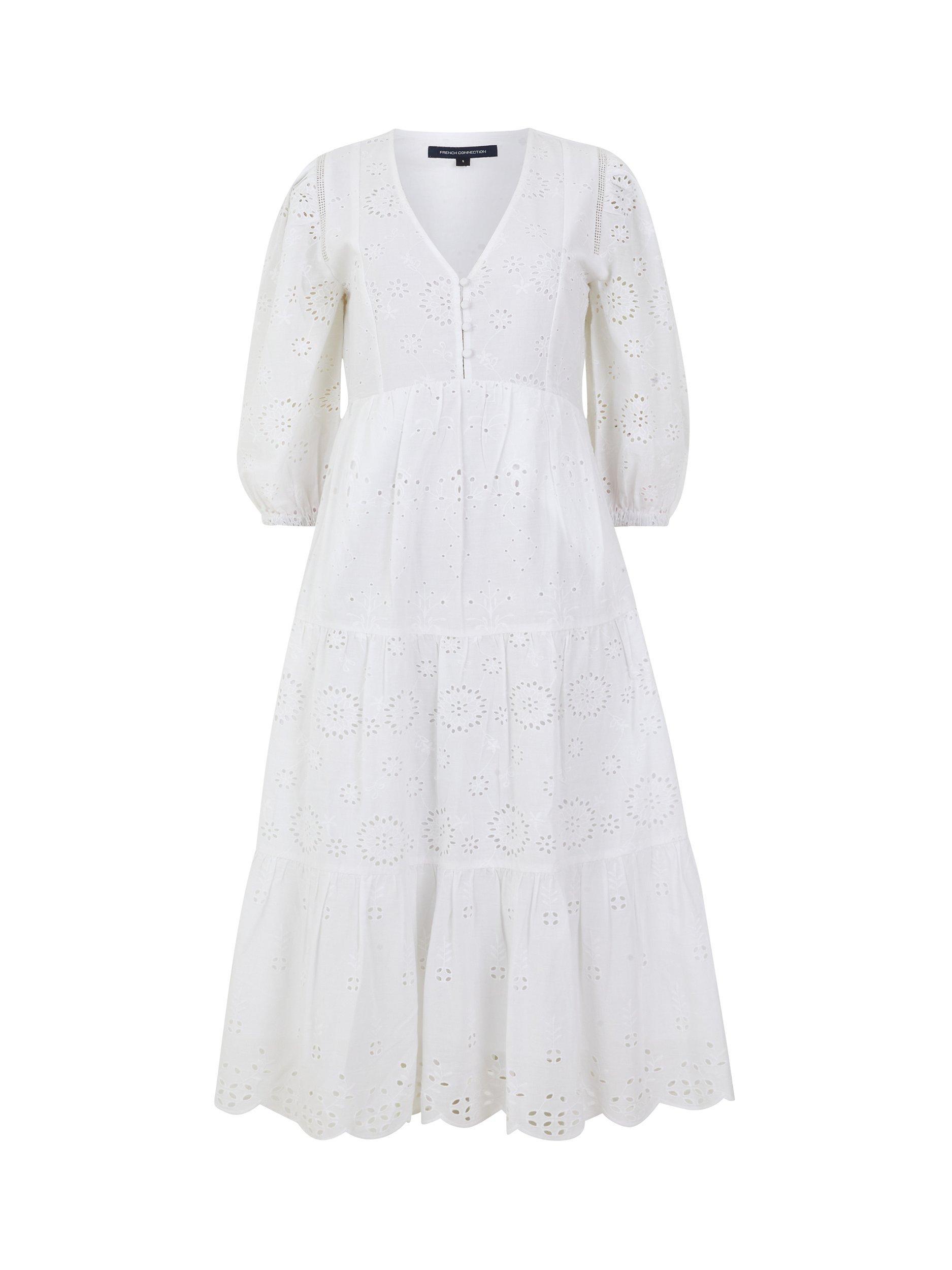 French Connection Broderie Anglaise Midi Dress, Linen White, 18