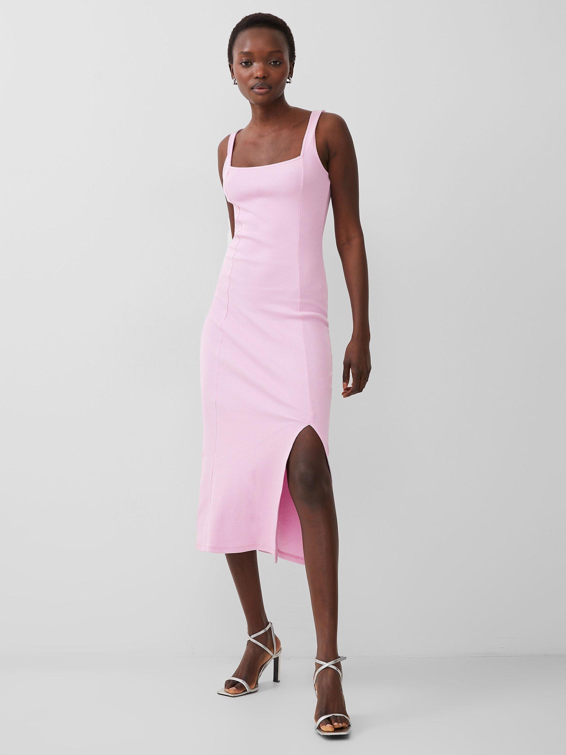 French Connection Rassia Rib Square Neck Midi Dress, Strawberry Shake    
