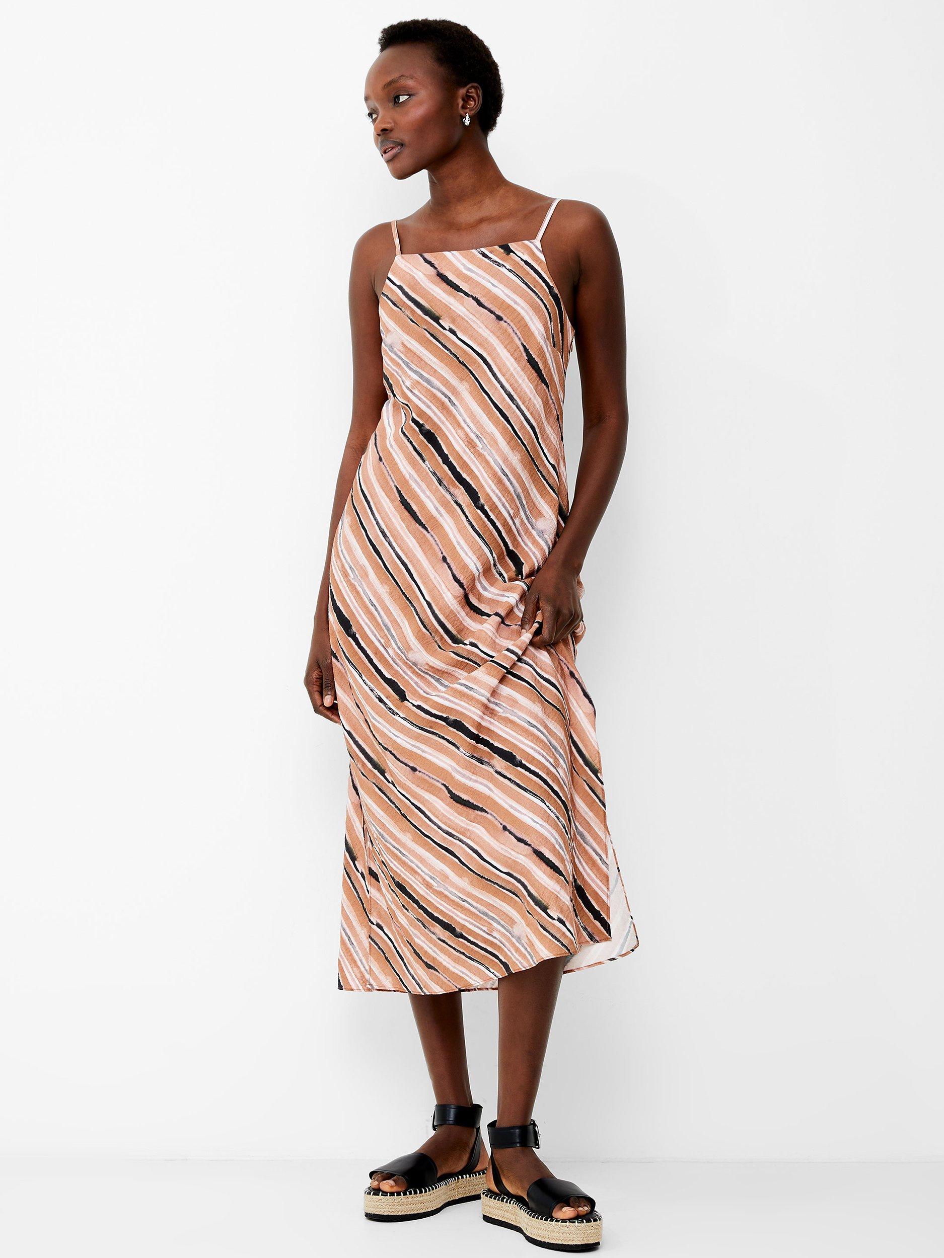 French Connection Gaia Flavia Textured Diagonal Stripe Midi Dress Mocha Mousse