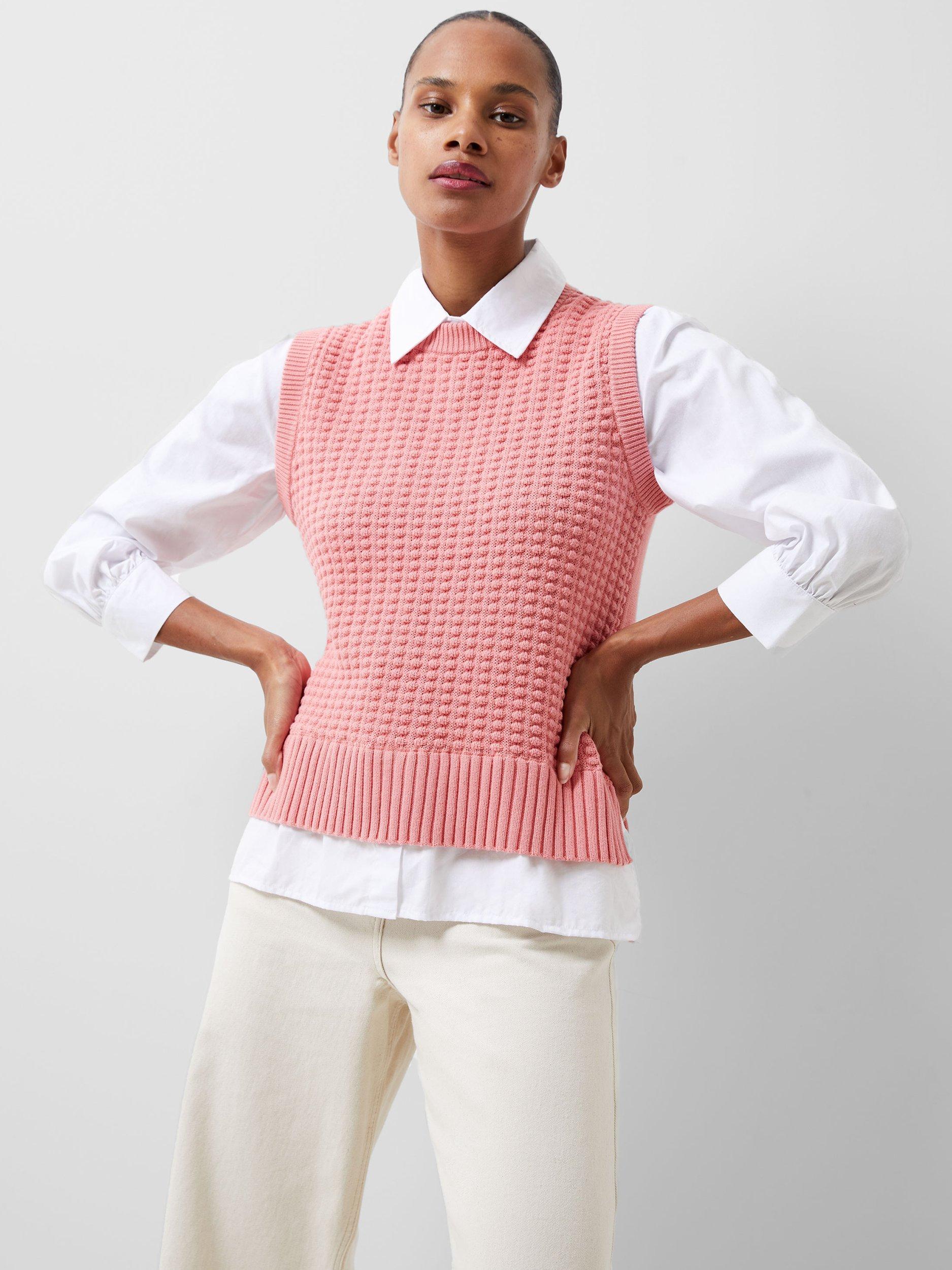 French Connection Mozart Long Sleeve Shirt Jumper, Biscotti/White, Pink Blossom        