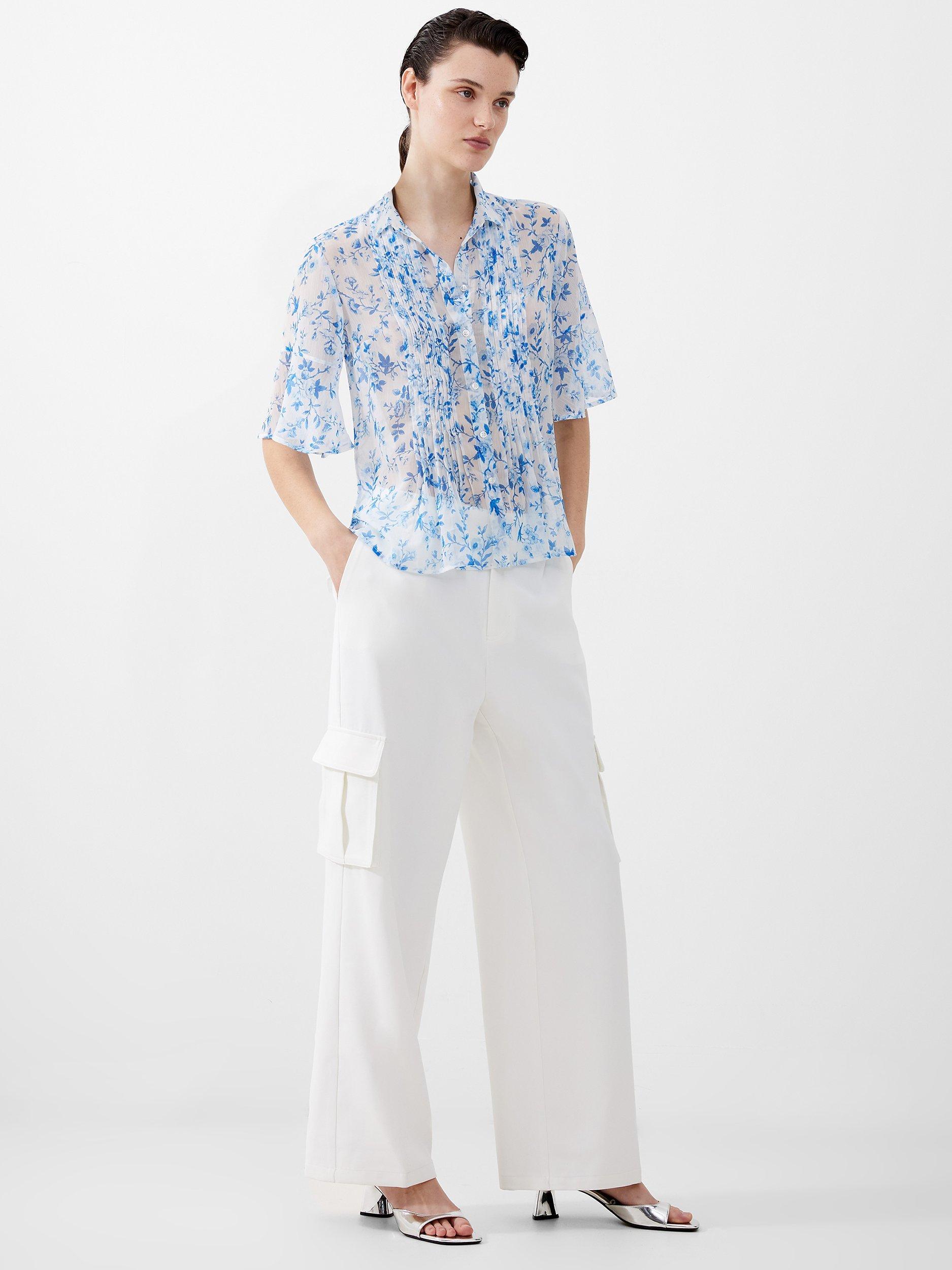 French Connection Catrina Crinkle Top, White/Blue