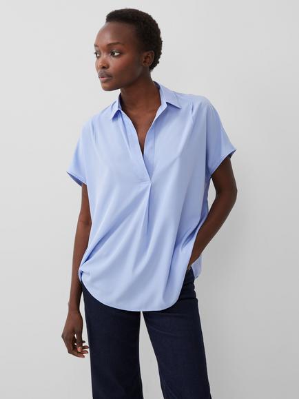 French Connection Crepe Short Sleeve V-Neck Blouse, Bluebell