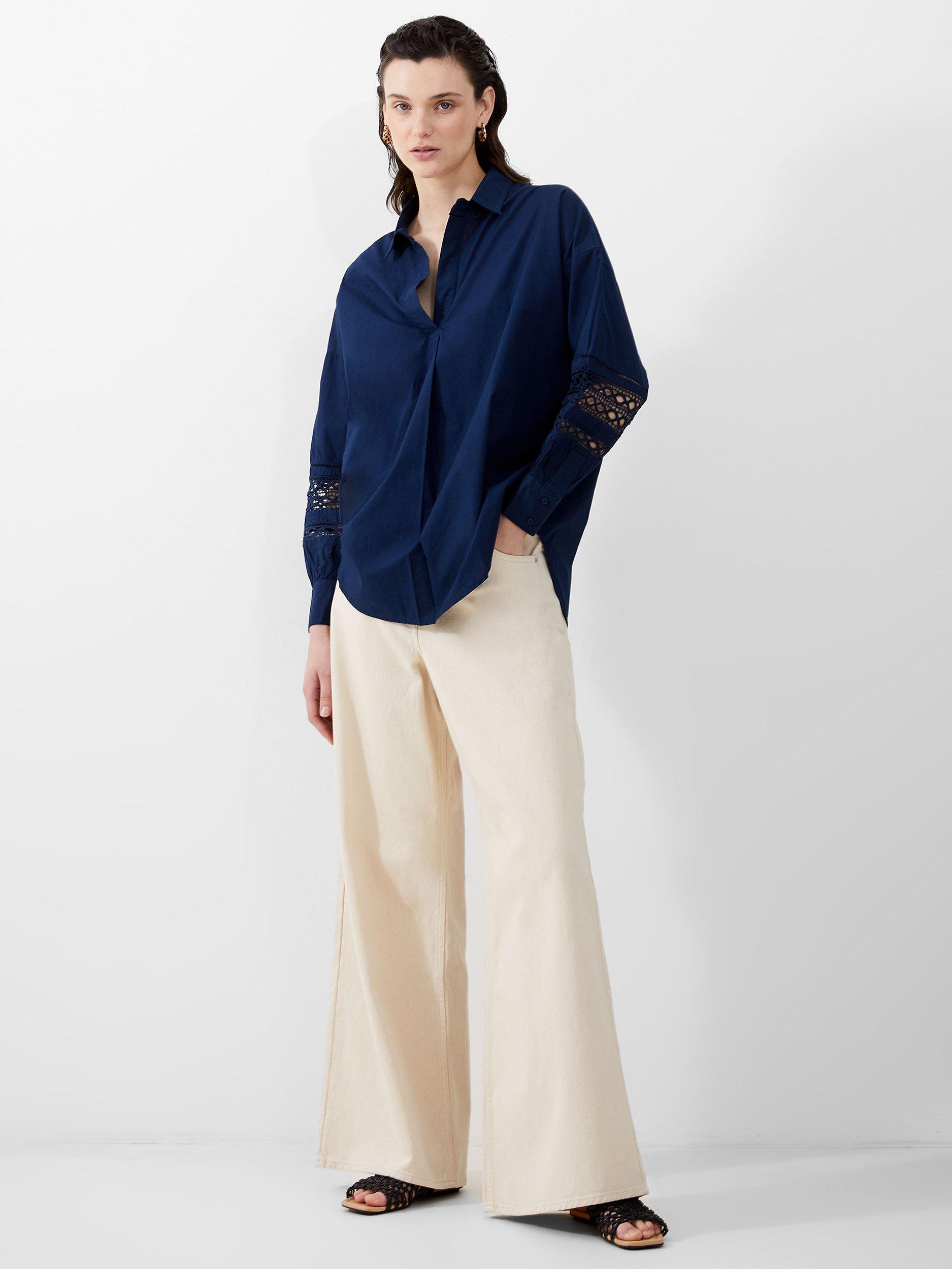 French Connection Rhodes Emboroidered Sleeve Shirt, Midnight Blue       