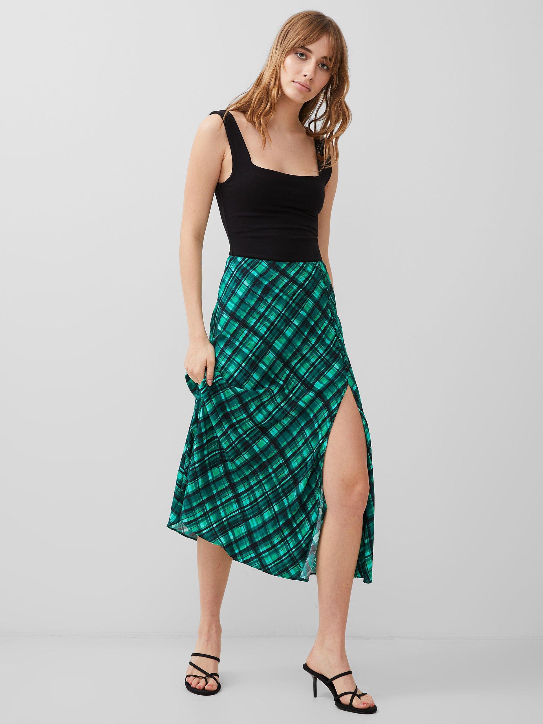 French Connection Dani Delphine Check Midi Skirt Jelly Bean Forest