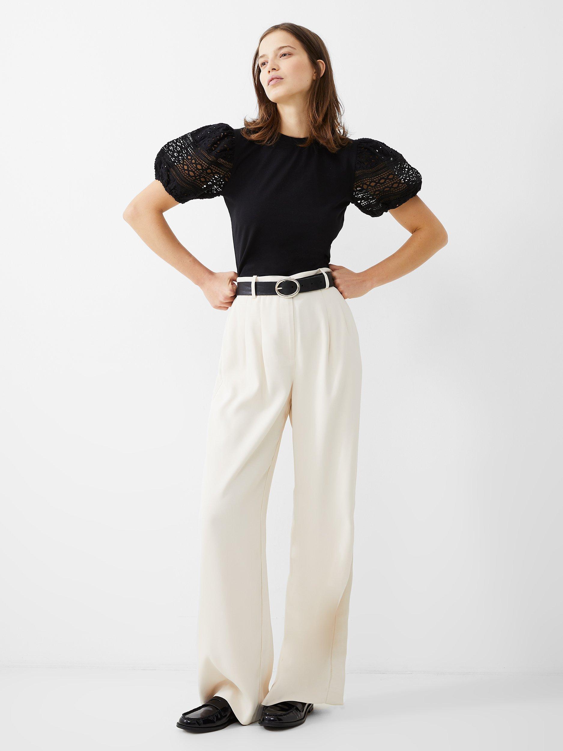 French Connection Rosana Anges Embroidered Sleeve T-Shirt, Blackout, XS