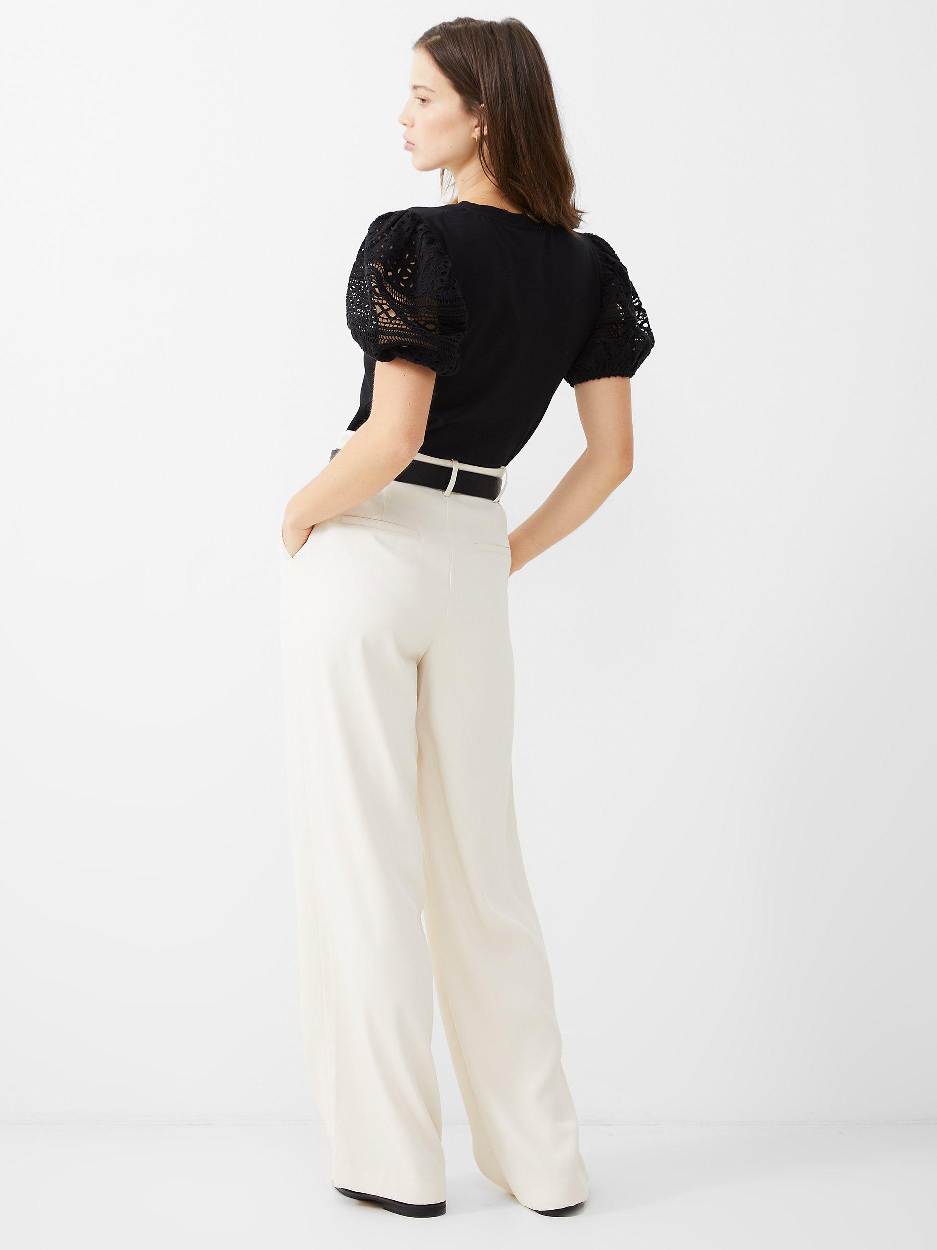 French Connection Rosana Anges Embroidered Sleeve T-Shirt, Blackout, XS