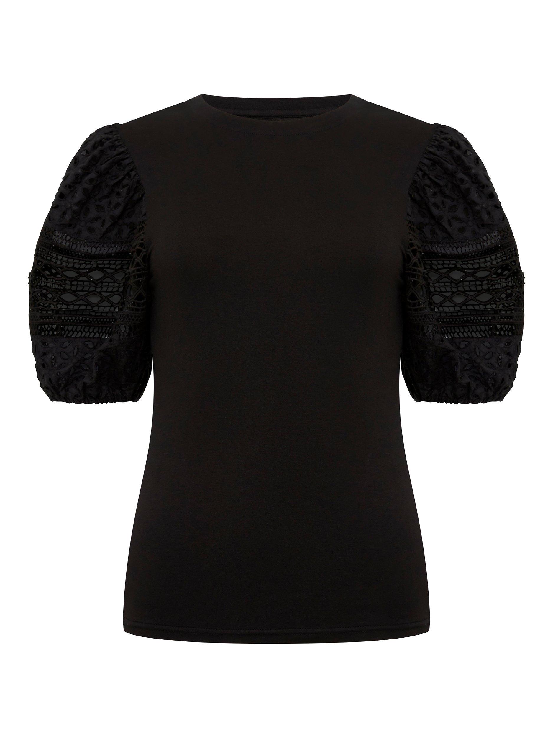 French Connection Rosana Anges Embroidered Sleeve T-Shirt, Blackout, XS