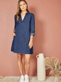 Yumi Chambray Cotton Relaxed Tunic Dress, Blue - view 2, Blue