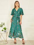 Yumi Animal Safari Satin Midi Shirt Dress, Green/Multi