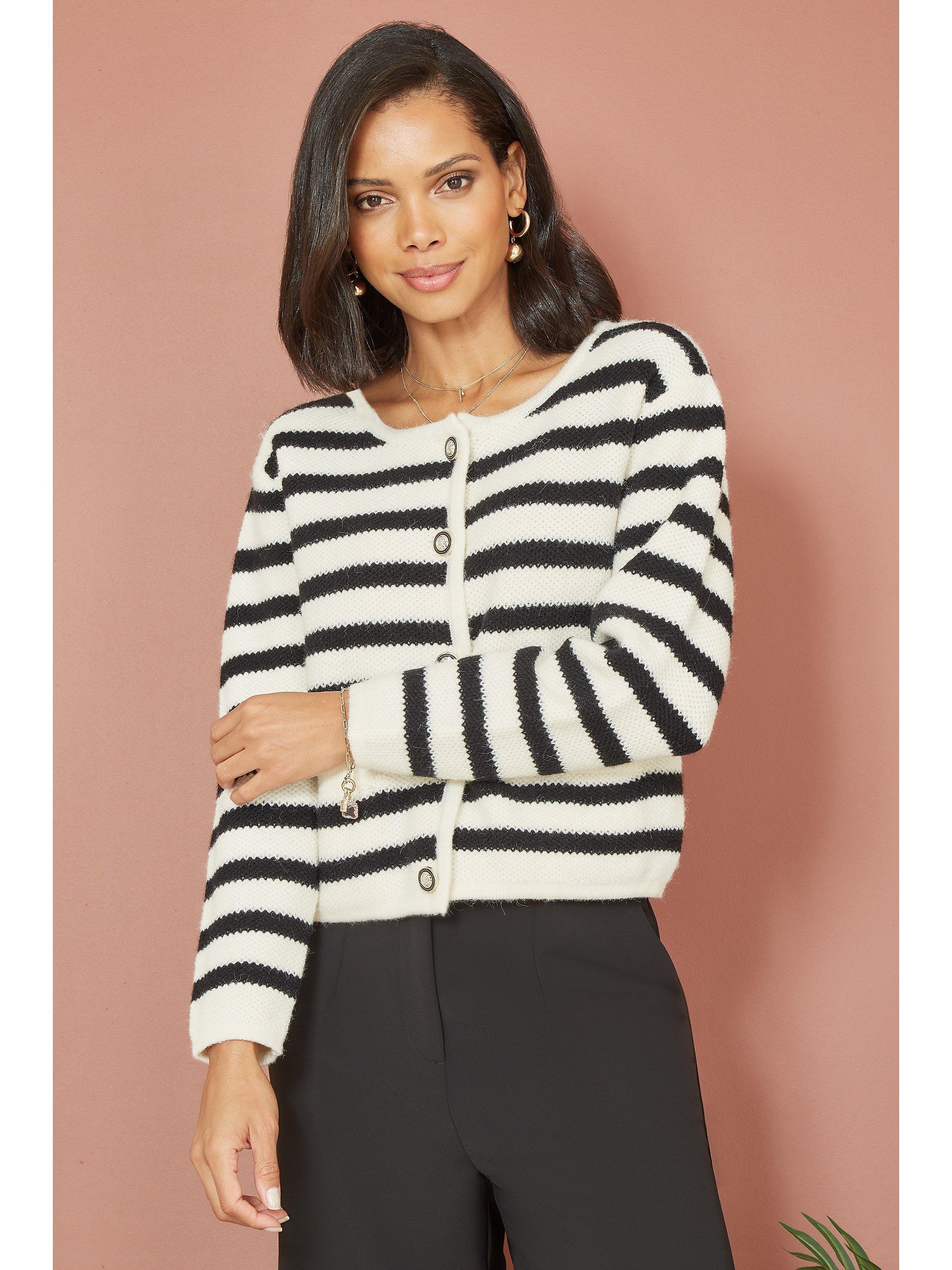 Product image 1 of 4, which shows Yumi Stripe Nautical Cardigan, Ivory, S-M