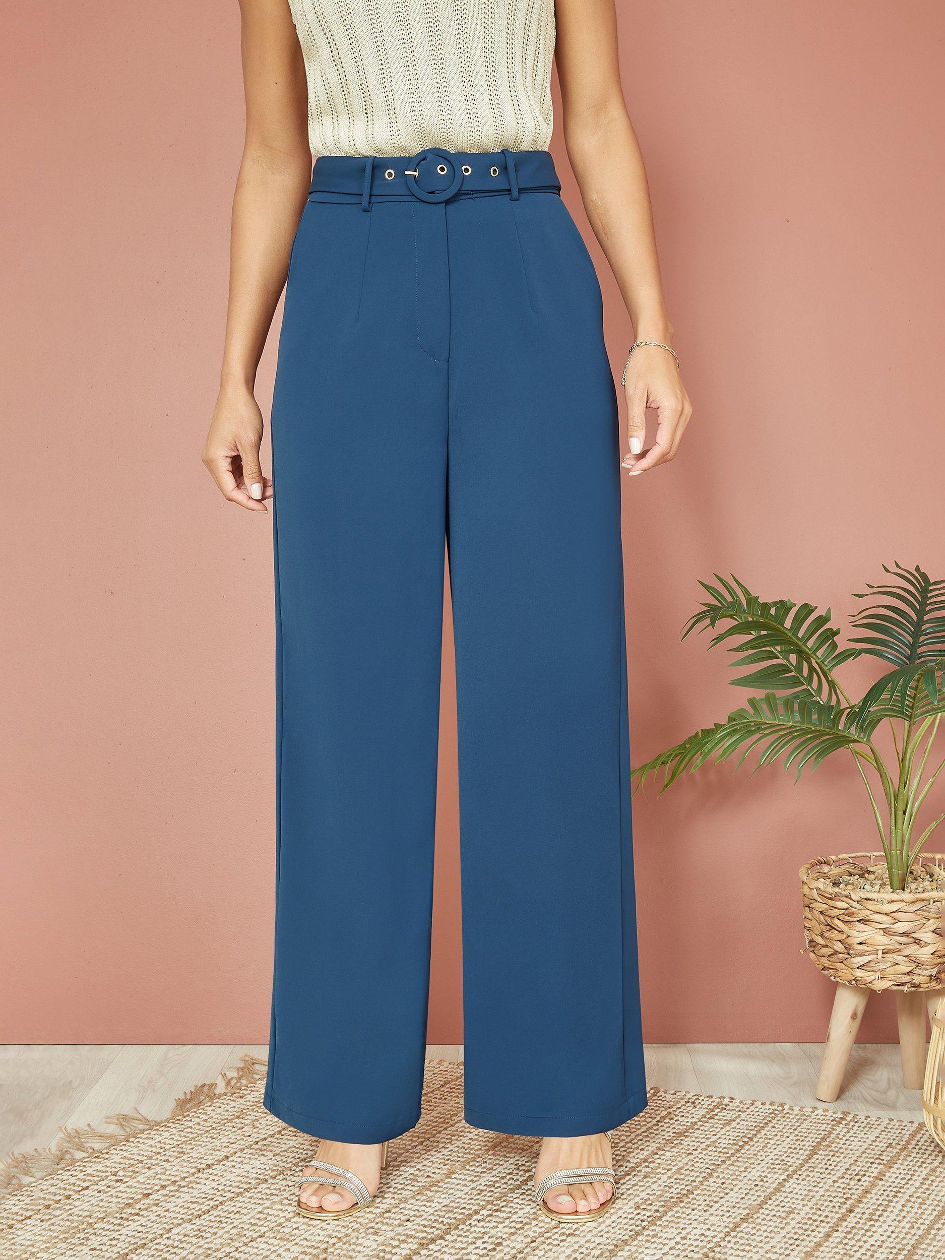Yumi Straight Leg Crepe Belted Trousers, Navy