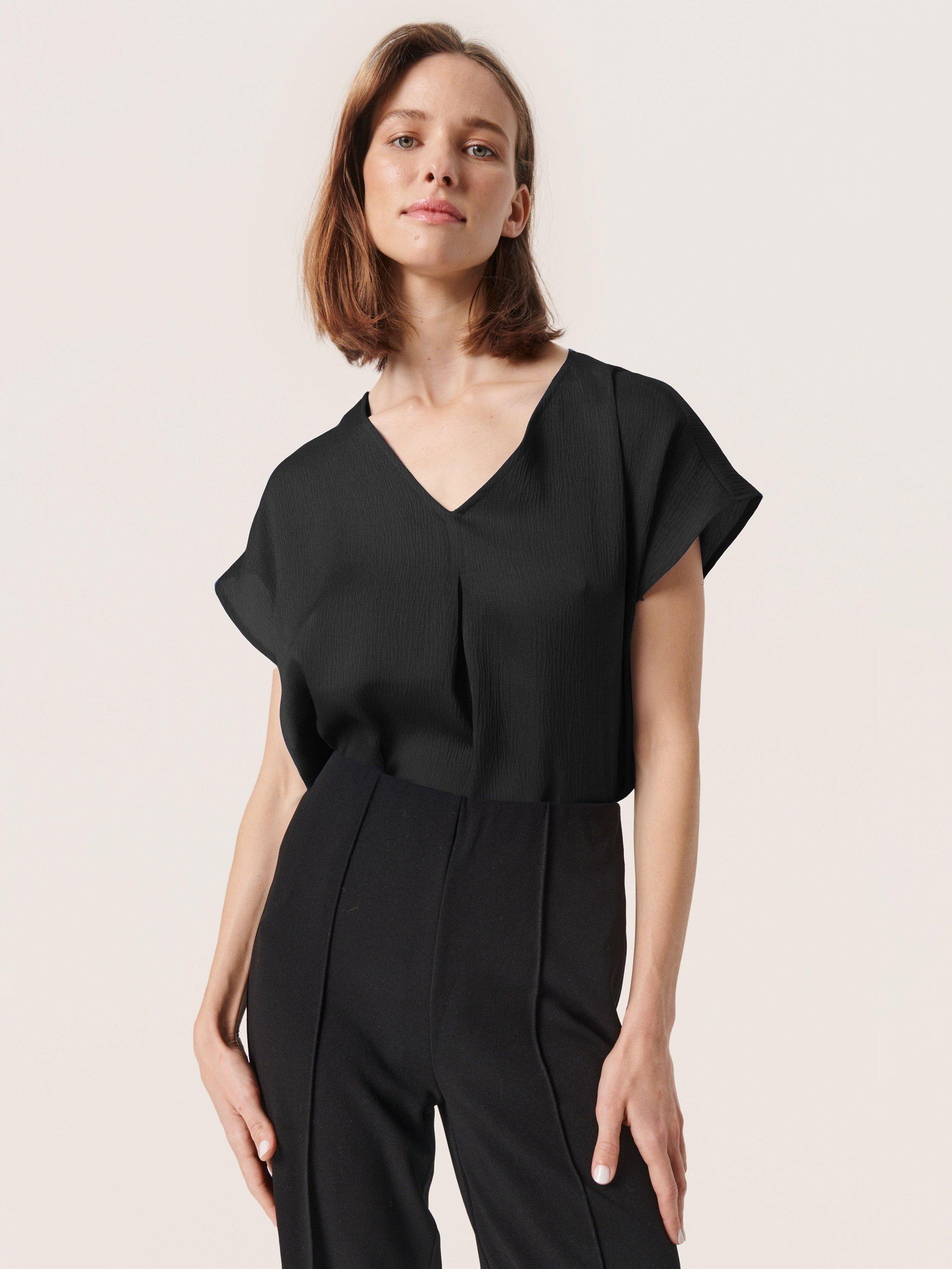 Product image 1 of 6, which shows Soaked In Luxury Ioana Marija Short Sleeve V-Neck Blouse, Black, XS