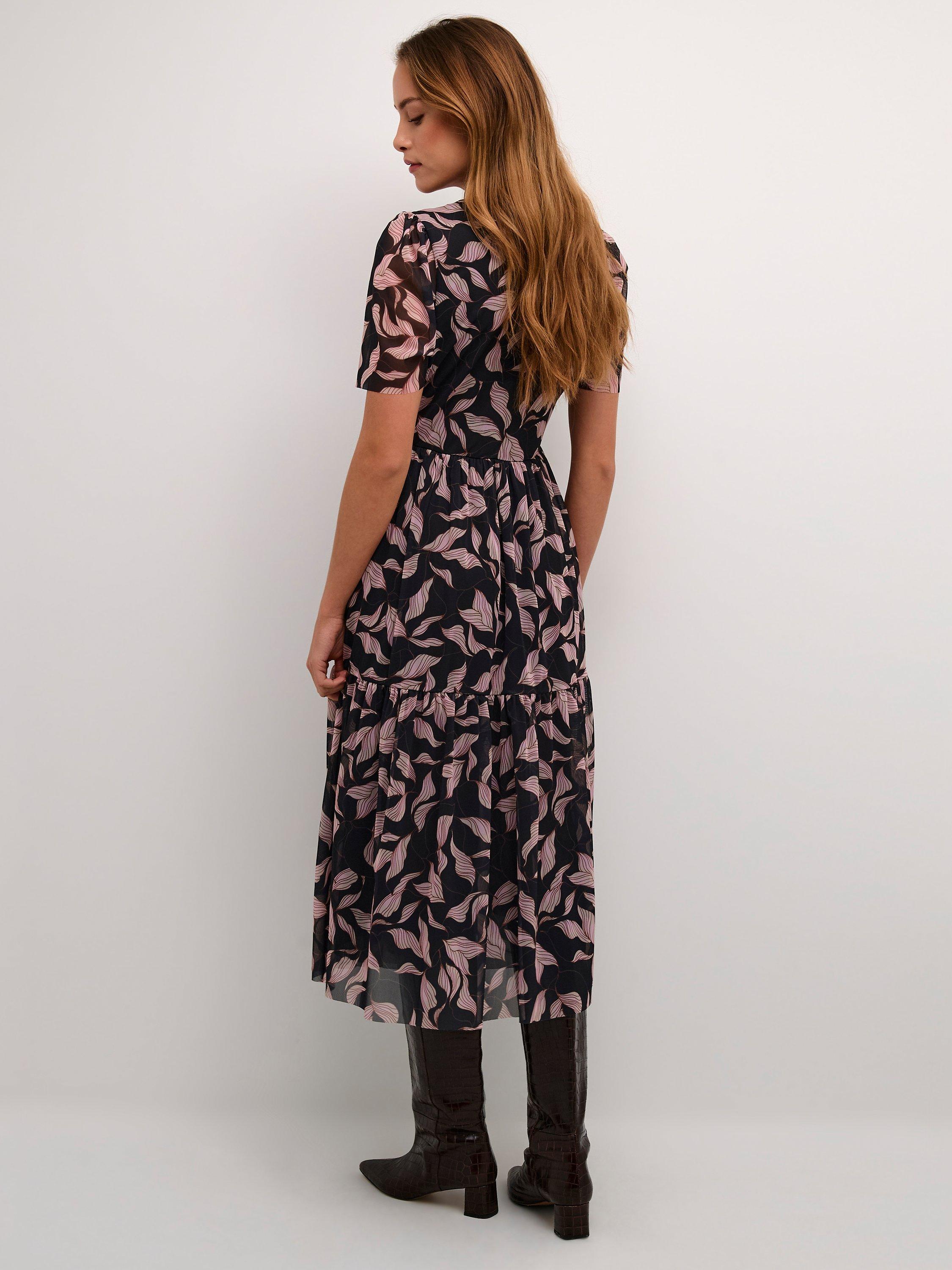Product image 2 of 6, which shows Soaked In Luxury Aldora Mesh Short Sleeve Wrap Dress, Black Leaves, XS