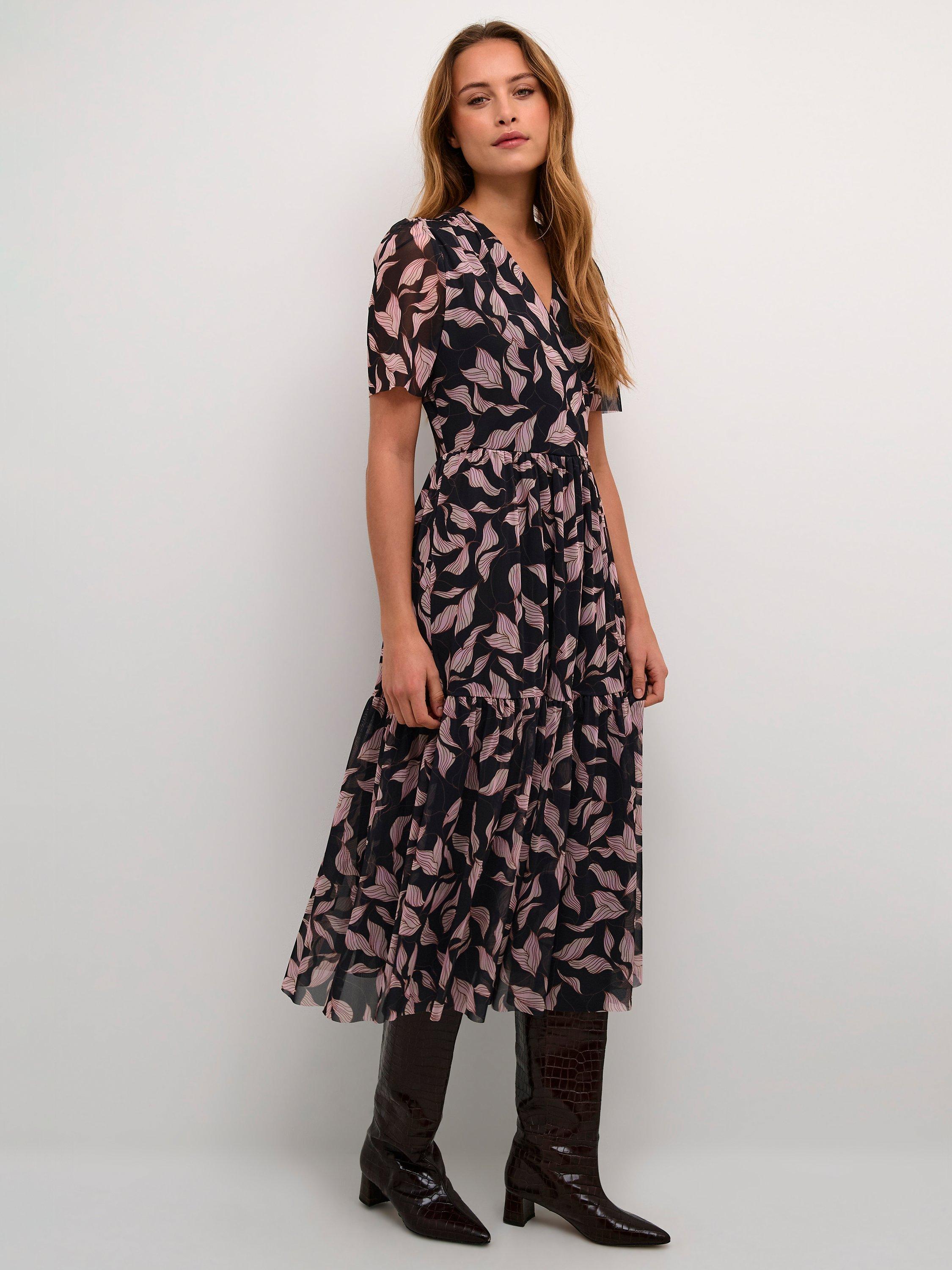 Product image 3 of 6, which shows Soaked In Luxury Aldora Mesh Short Sleeve Wrap Dress, Black Leaves, XS