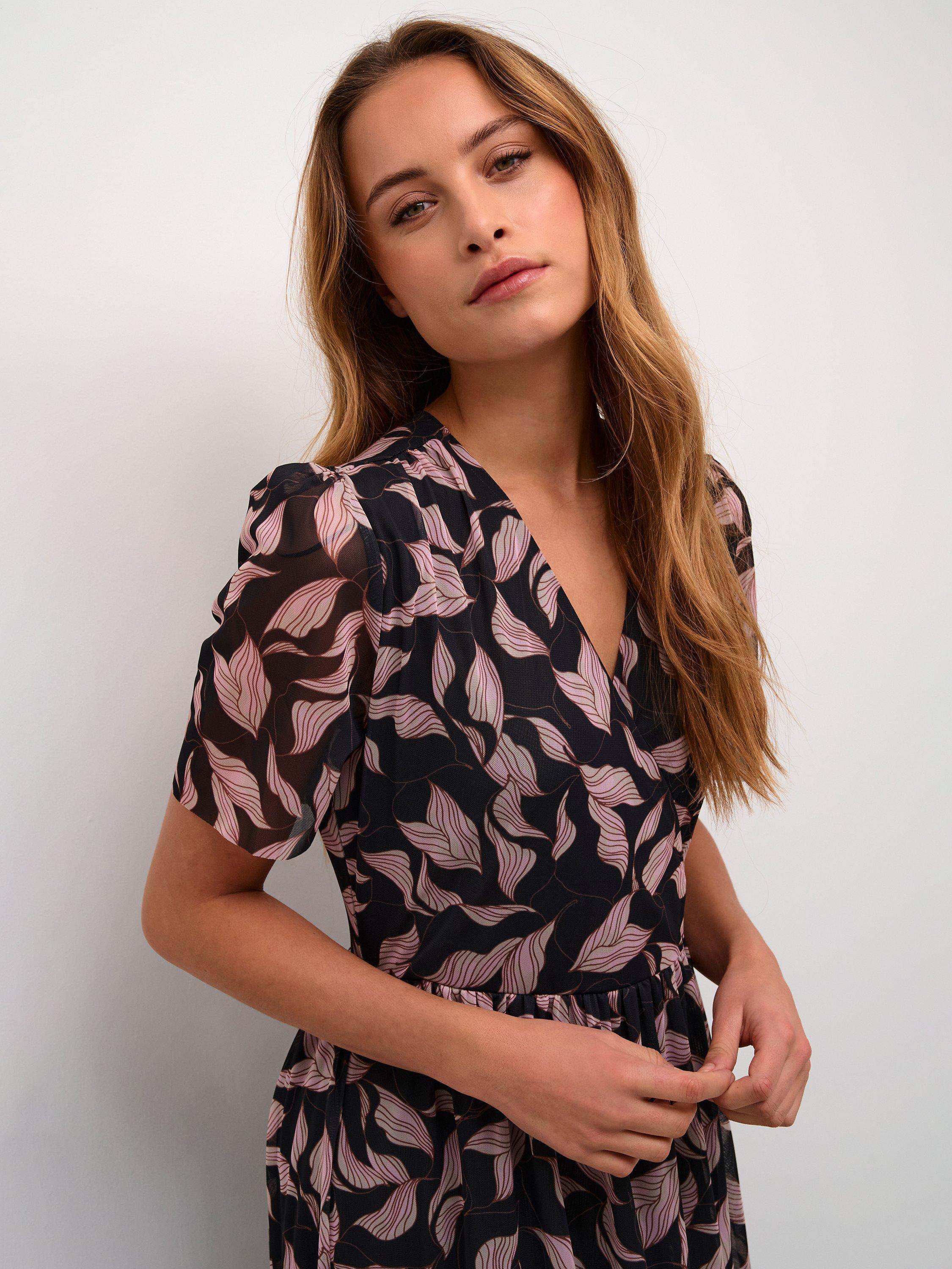 Product image 4 of 6, which shows Soaked In Luxury Aldora Mesh Short Sleeve Wrap Dress, Black Leaves, XS