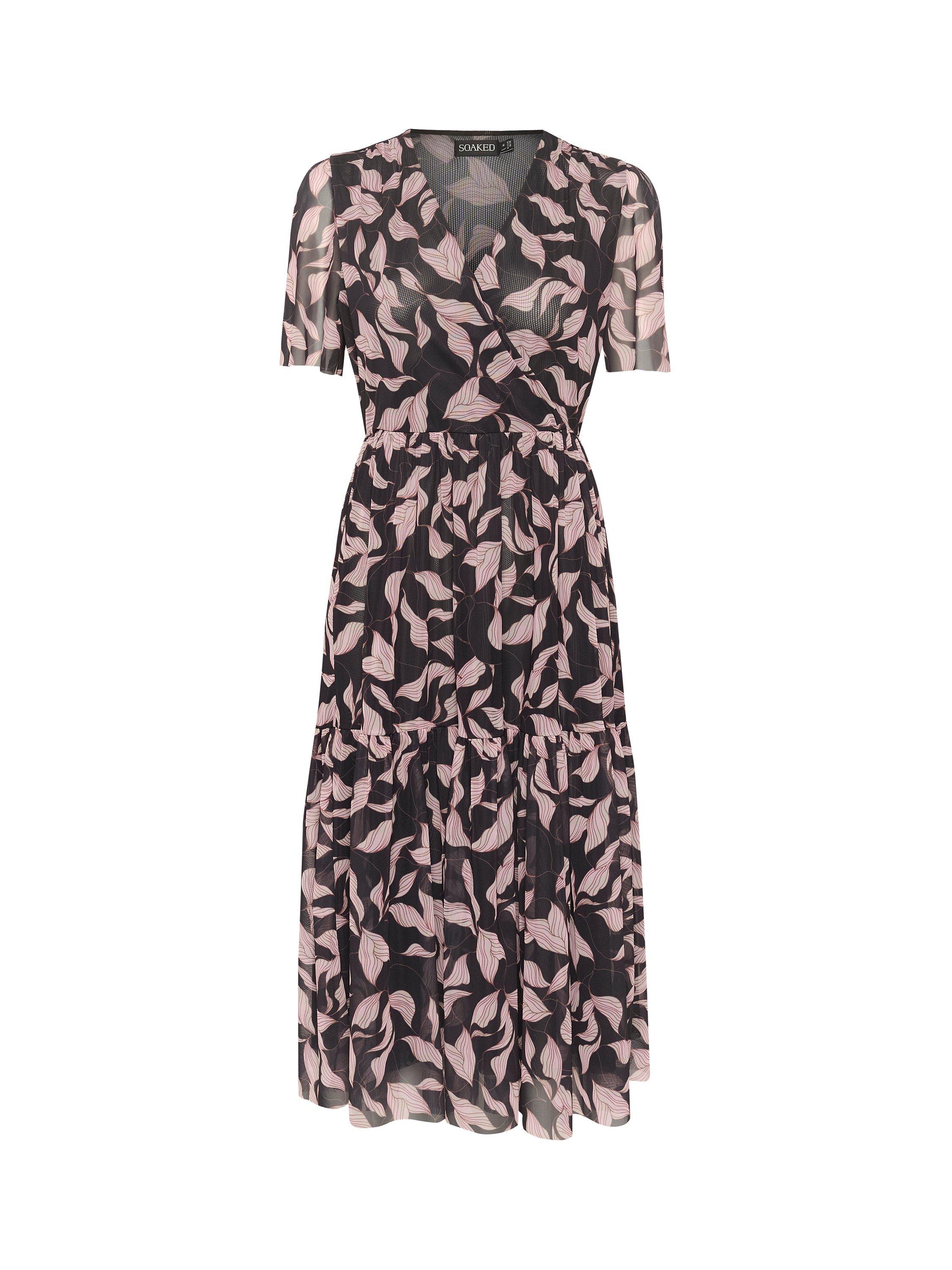 Product image 5 of 6, which shows Soaked In Luxury Aldora Mesh Short Sleeve Wrap Dress, Black Leaves, XS