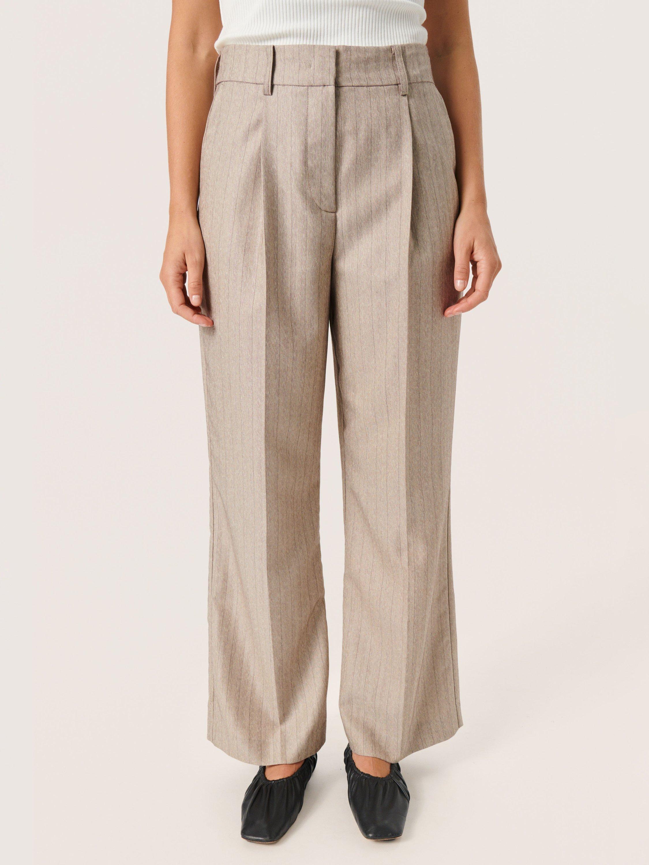 Product image 1 of 6, which shows Soaked In Luxury Charvi Pinstripe Wide Leg Trousers, Beige, XS
