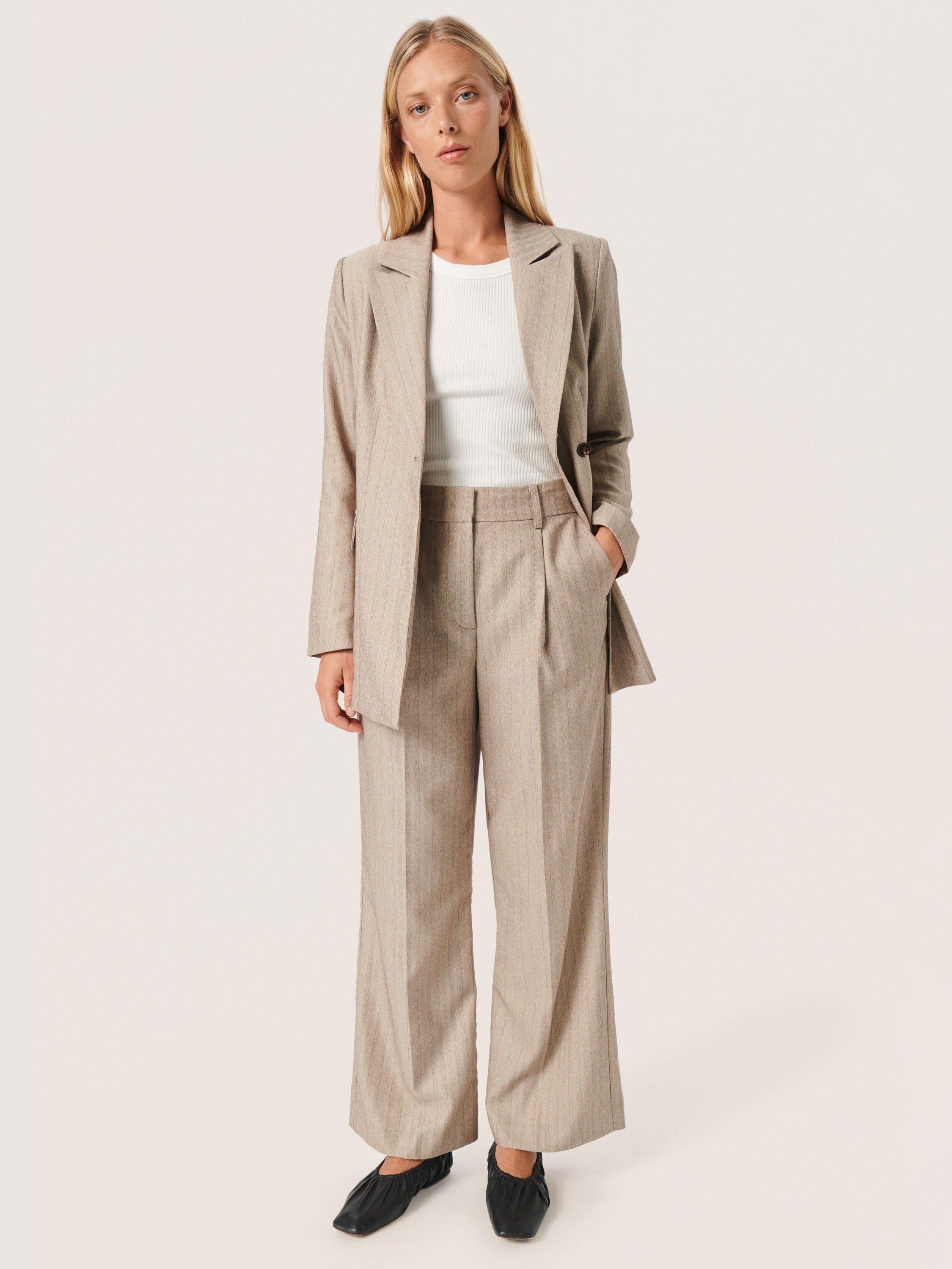 Product image 3 of 6, which shows Soaked In Luxury Charvi Pinstripe Wide Leg Trousers, Beige, XS