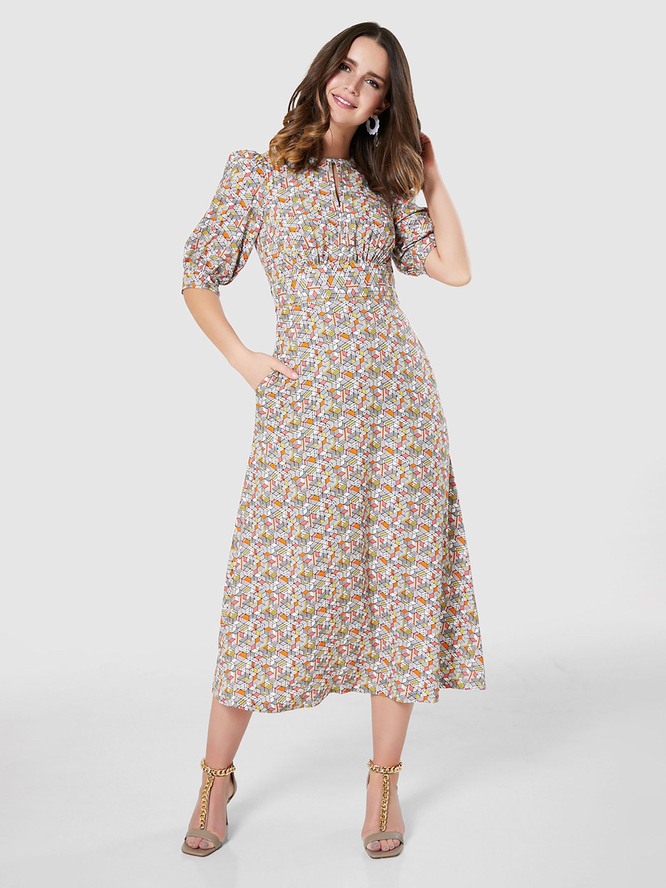Closet London Puff Sleeve Midi Dress, White/Multi