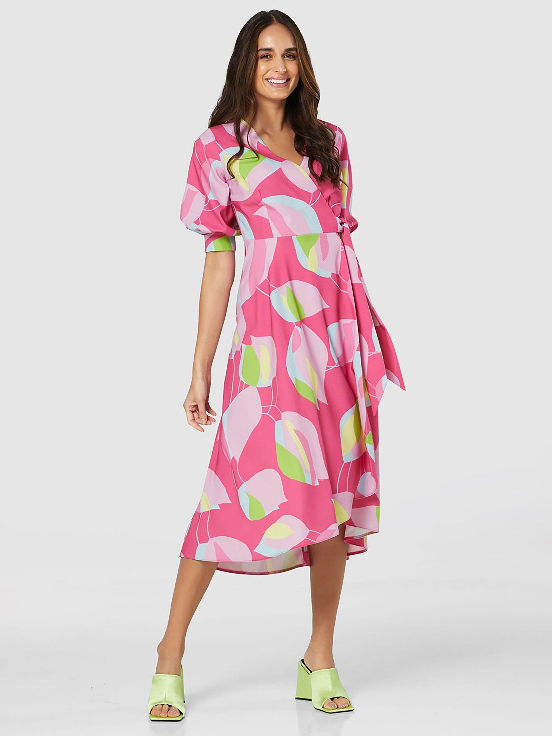 Closet London Floral Puff Sleeve Wrap Midi Dress, Pink/Multi