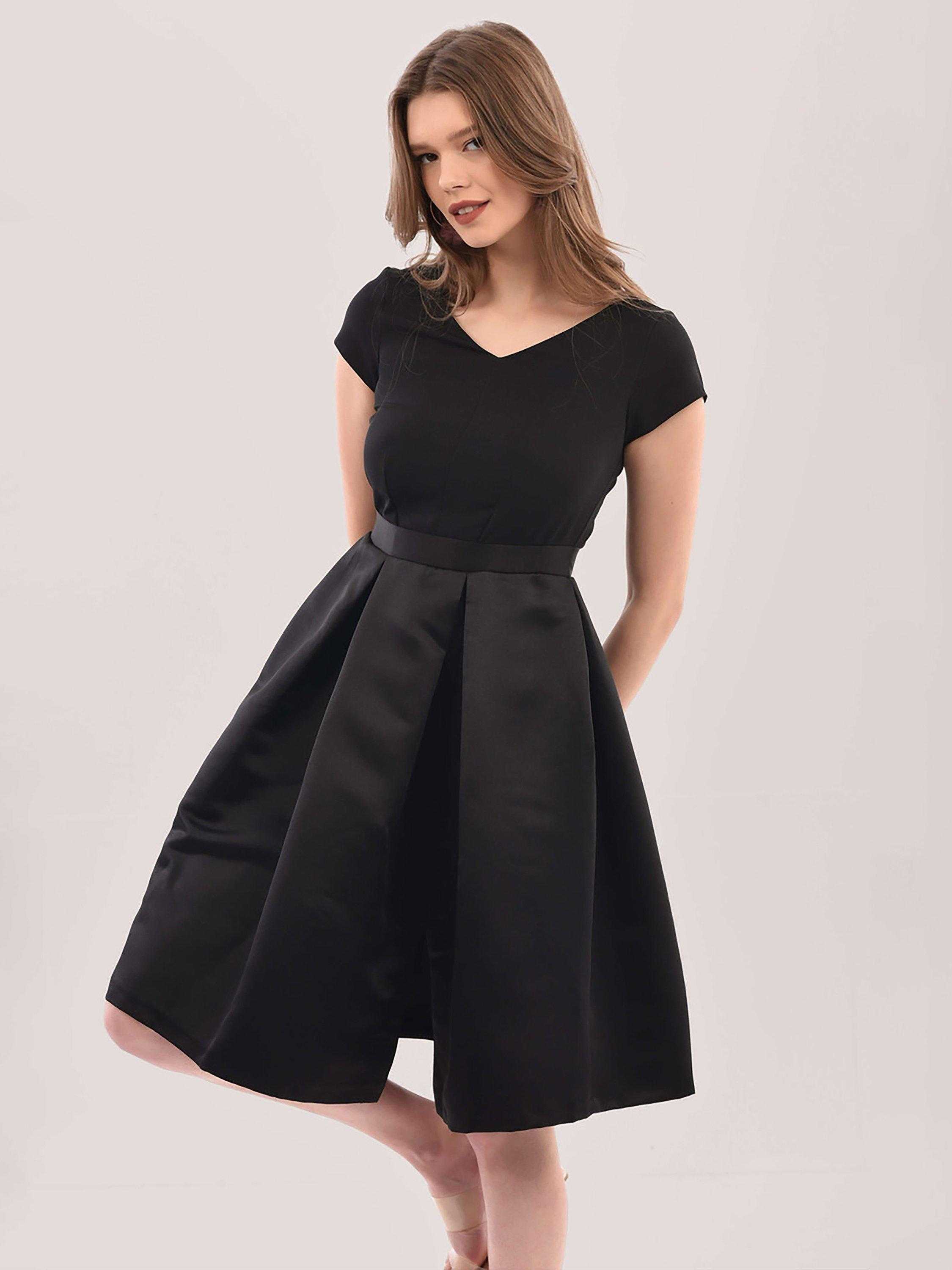 Closet London Black 2-in-1 V-Neck Flared Skirt Dress, Black