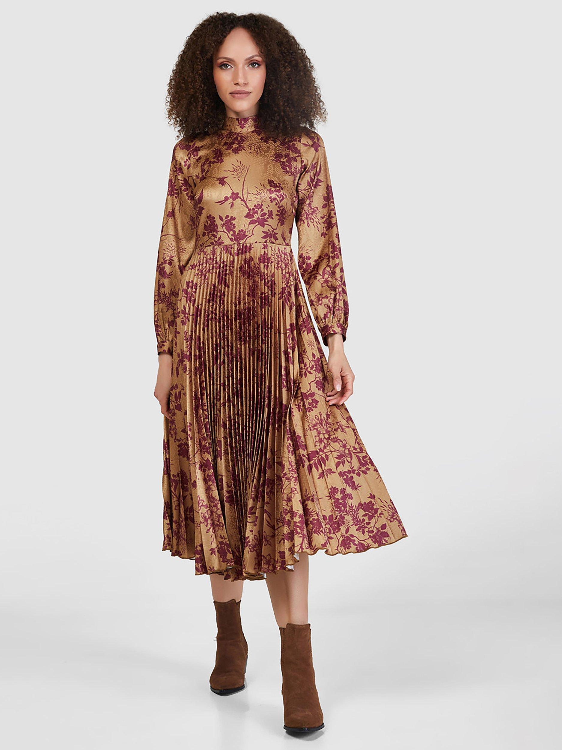 Closet London Floral Print Pleated Midi Dress, Bronze