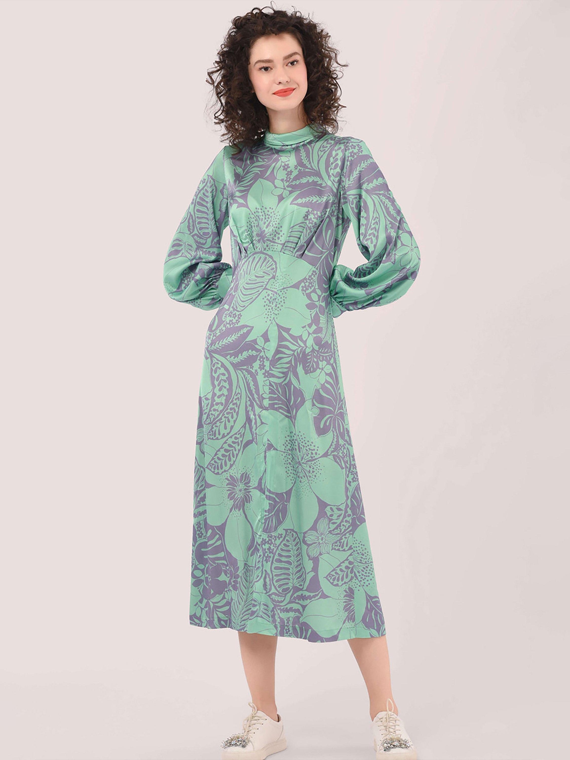 Product image 1 of 2, which shows Closet London Floral Print Roll Neck Puff Sleeve Midi Dress, Green/Multi, 6