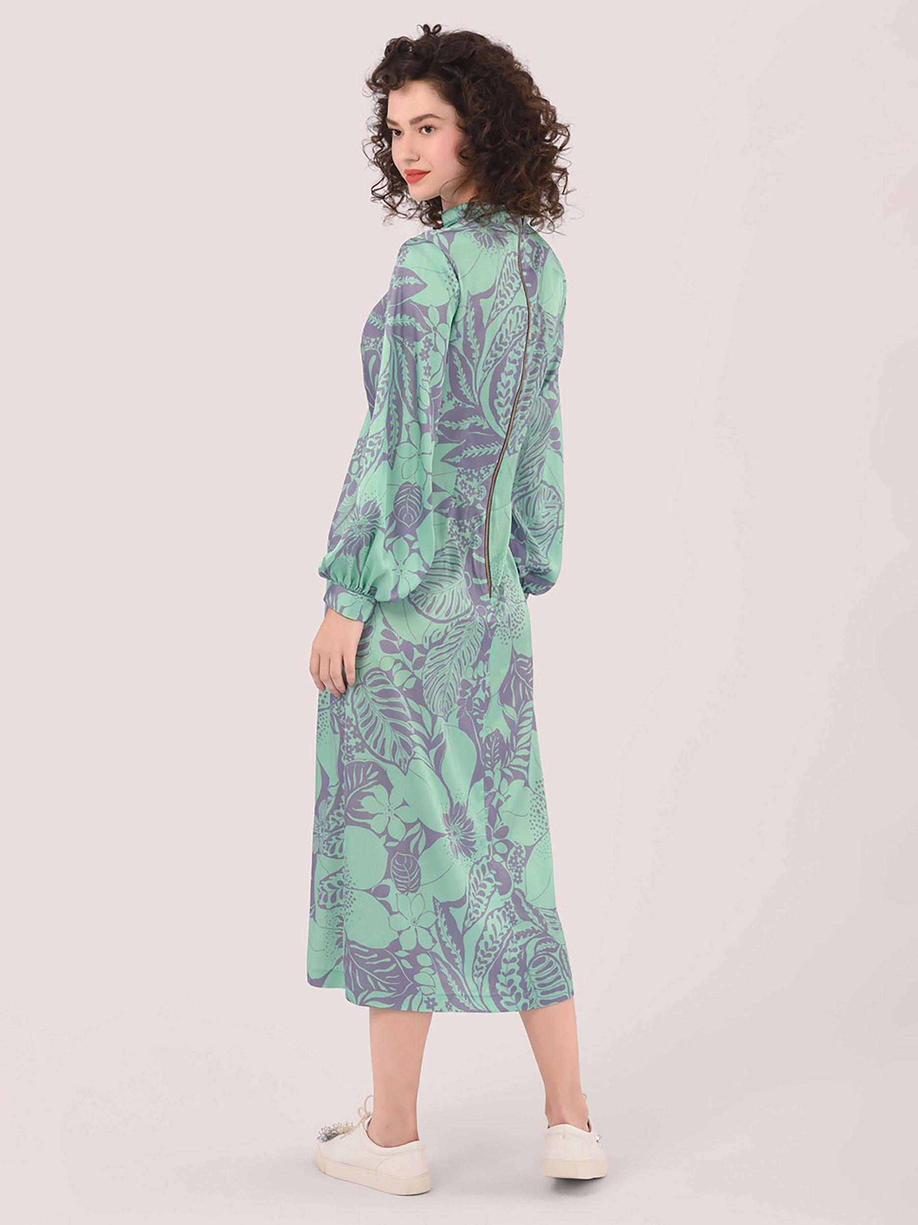 Product image 2 of 2, which shows Closet London Floral Print Roll Neck Puff Sleeve Midi Dress, Green/Multi, 6