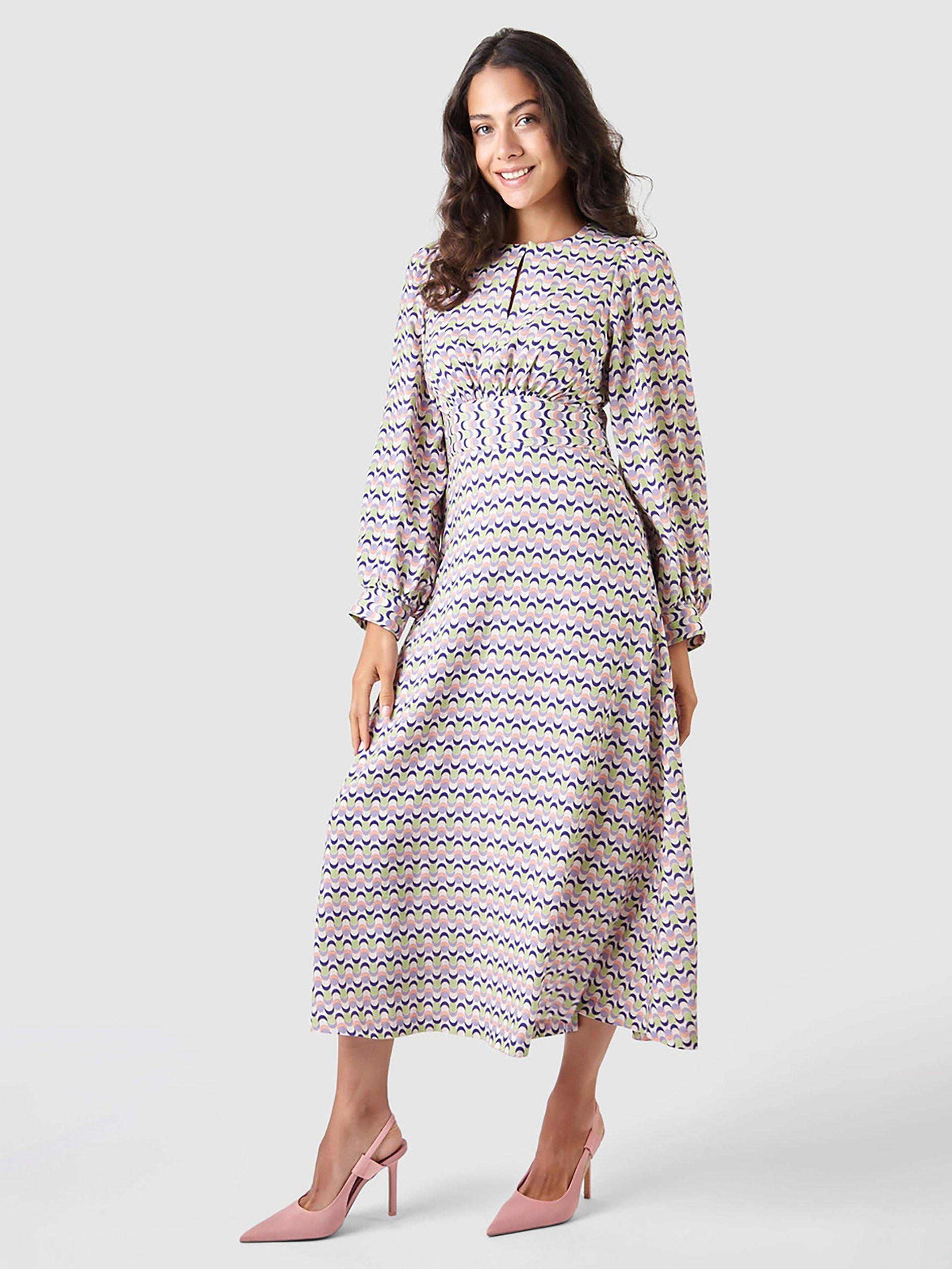 Closet London Printed Gathered Waist Puff Sleeve Midi Dress, Multi