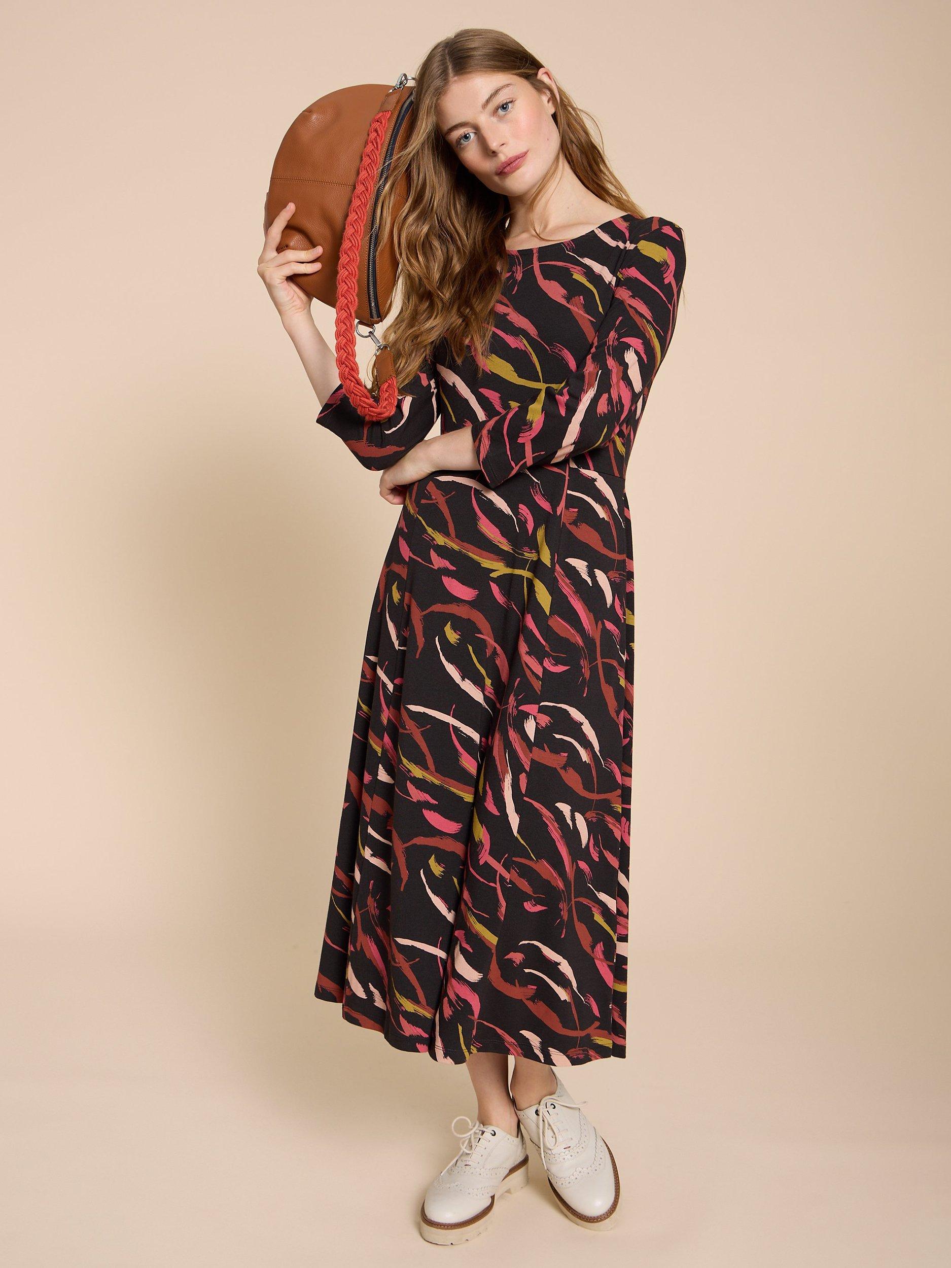 White Stuff Petite Madeline Jersey Midi Dress, Black/Multi