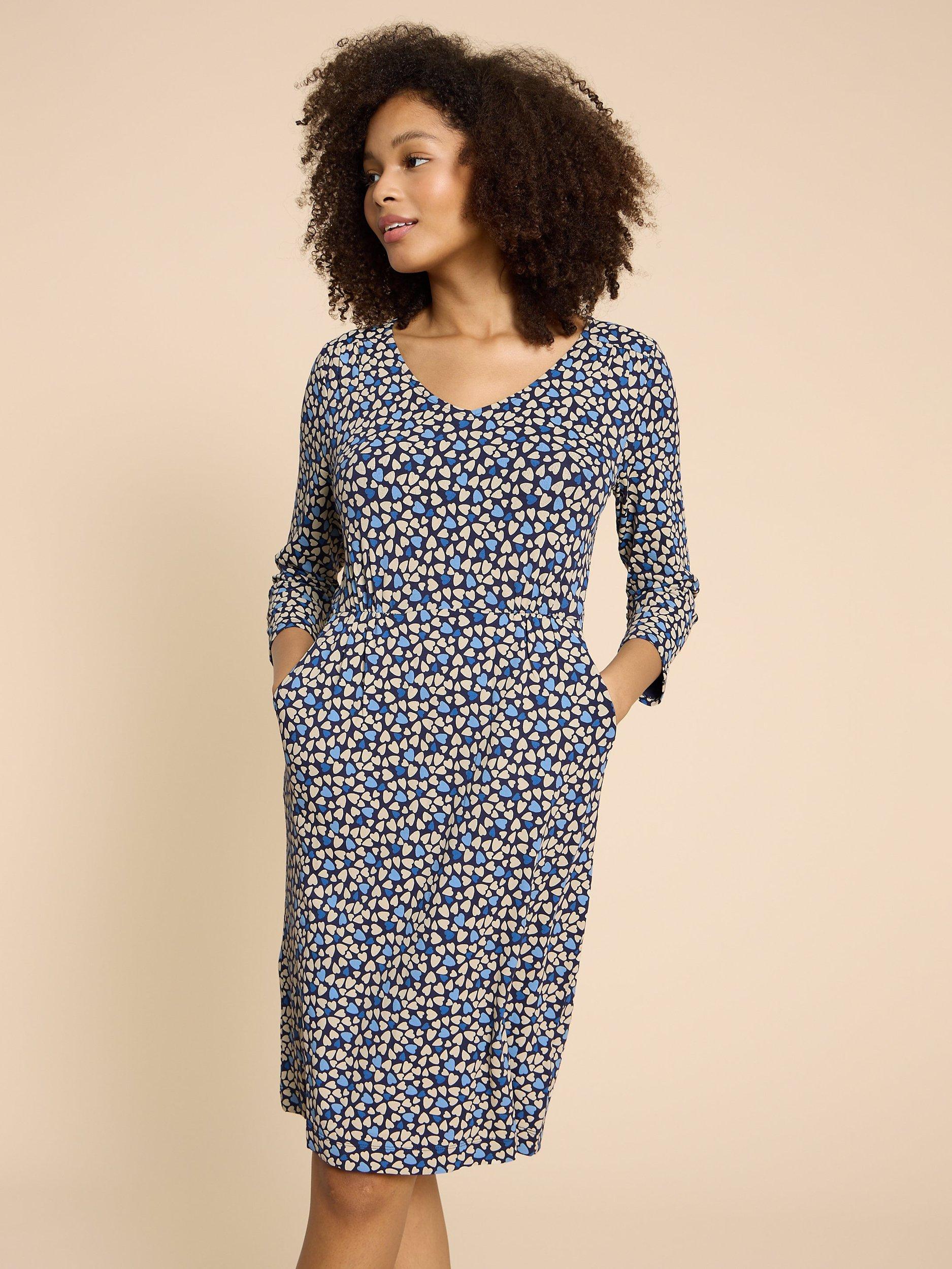 White Stuff Petite Tallie Heart Print Shift Dress, Blue/Multi