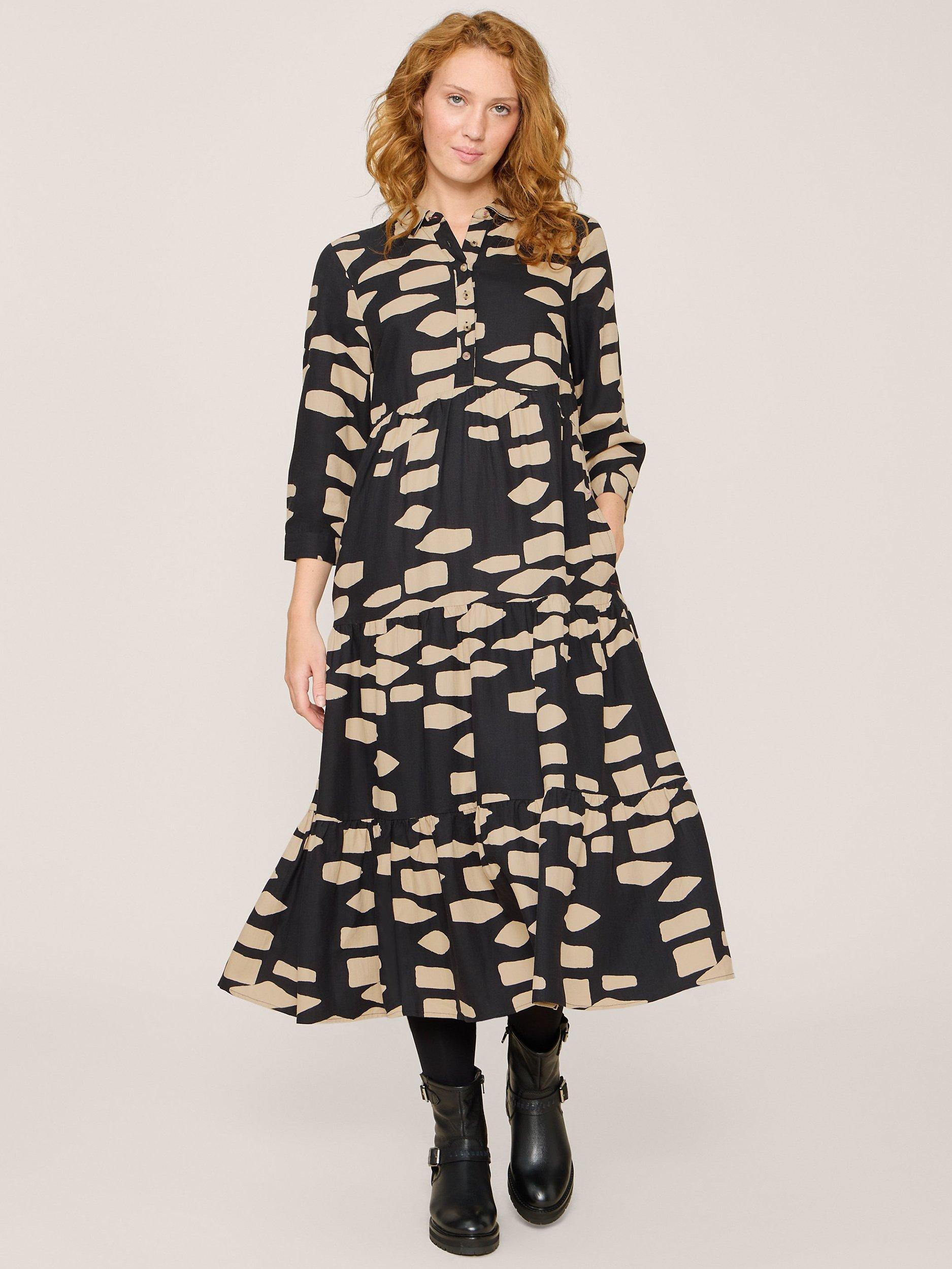 White Stuff Petite Maya Tiered Shirt Dress, Black/Beige