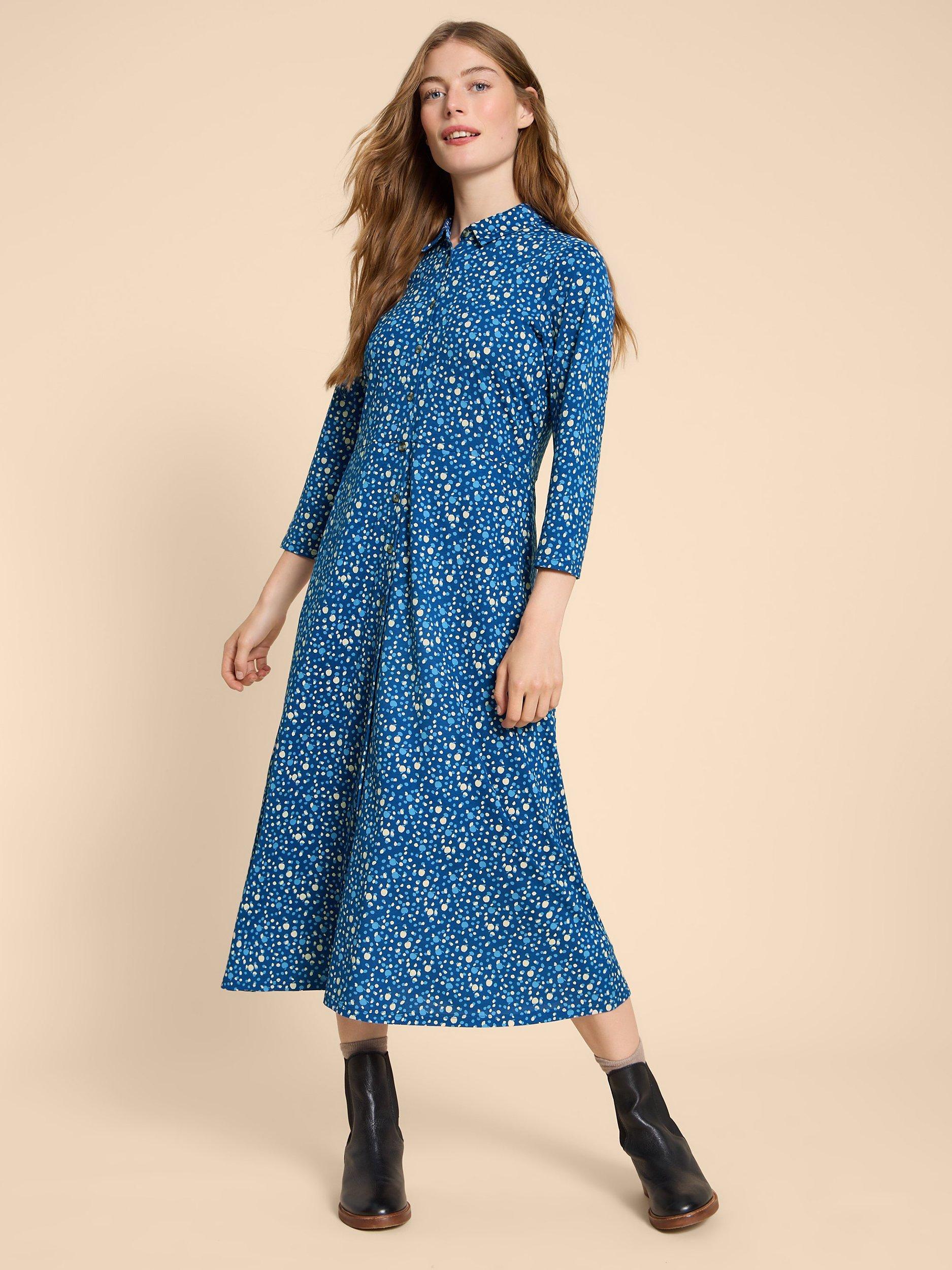 White Stuff Petite Rua Jersey Shirt Midi Dress, Blue/Multi