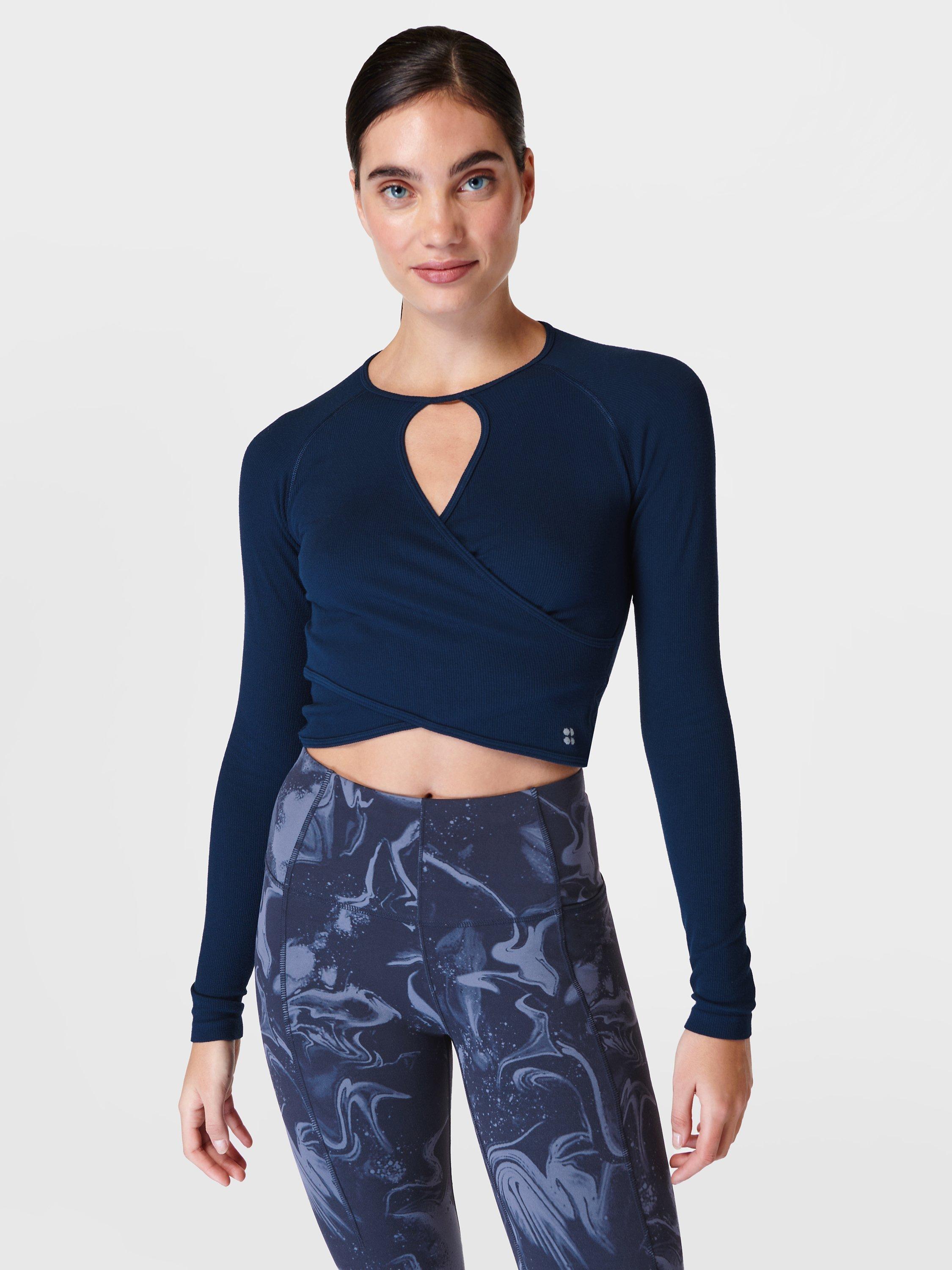 Sweaty Betty Cropped Wrap Top, Navy Blue