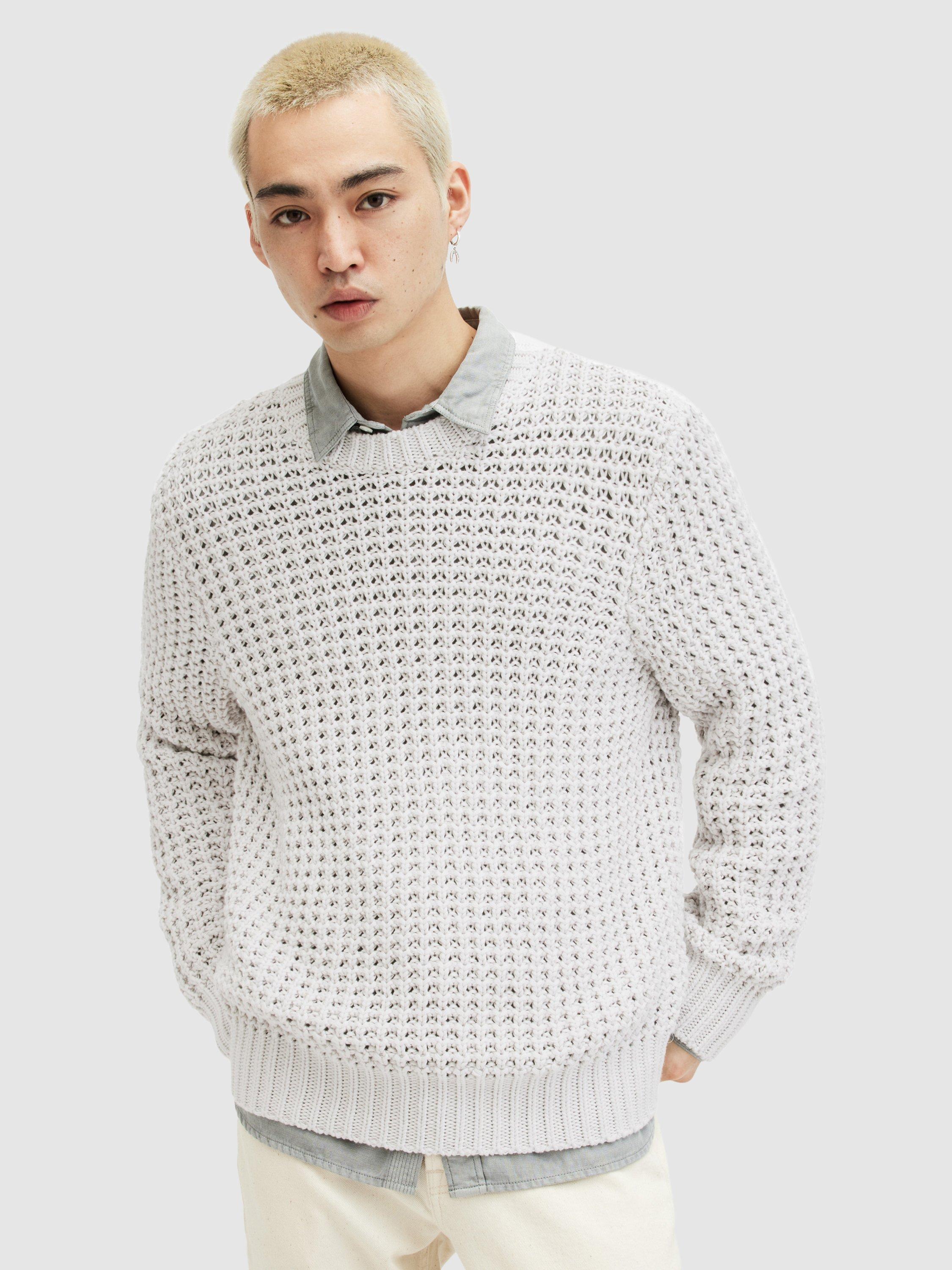 AllSaints Illund Organic Cotton Cable Knit Crew Neck Jumper, Oyster Grey